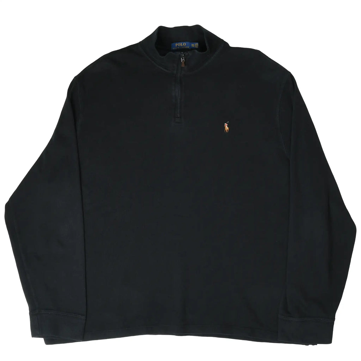 Full front of black Polo Ralph Lauren quarter-zip sweater with embroidered pony logo