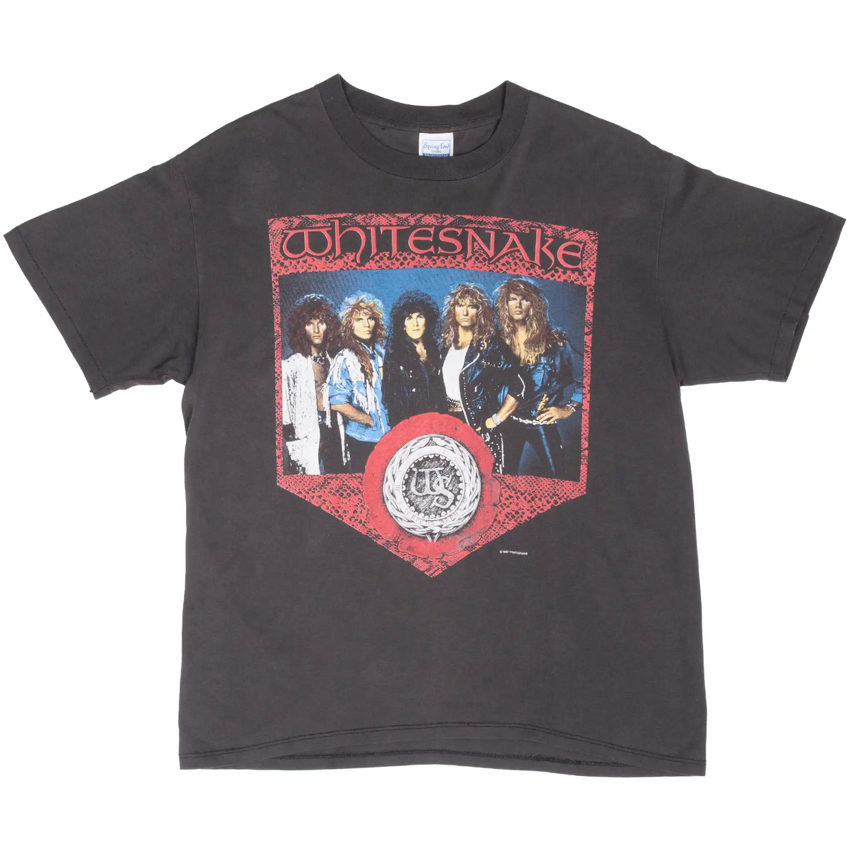 Full front of black Whitesnake tour T-shirt with band portrait and red-and-white crest graphic