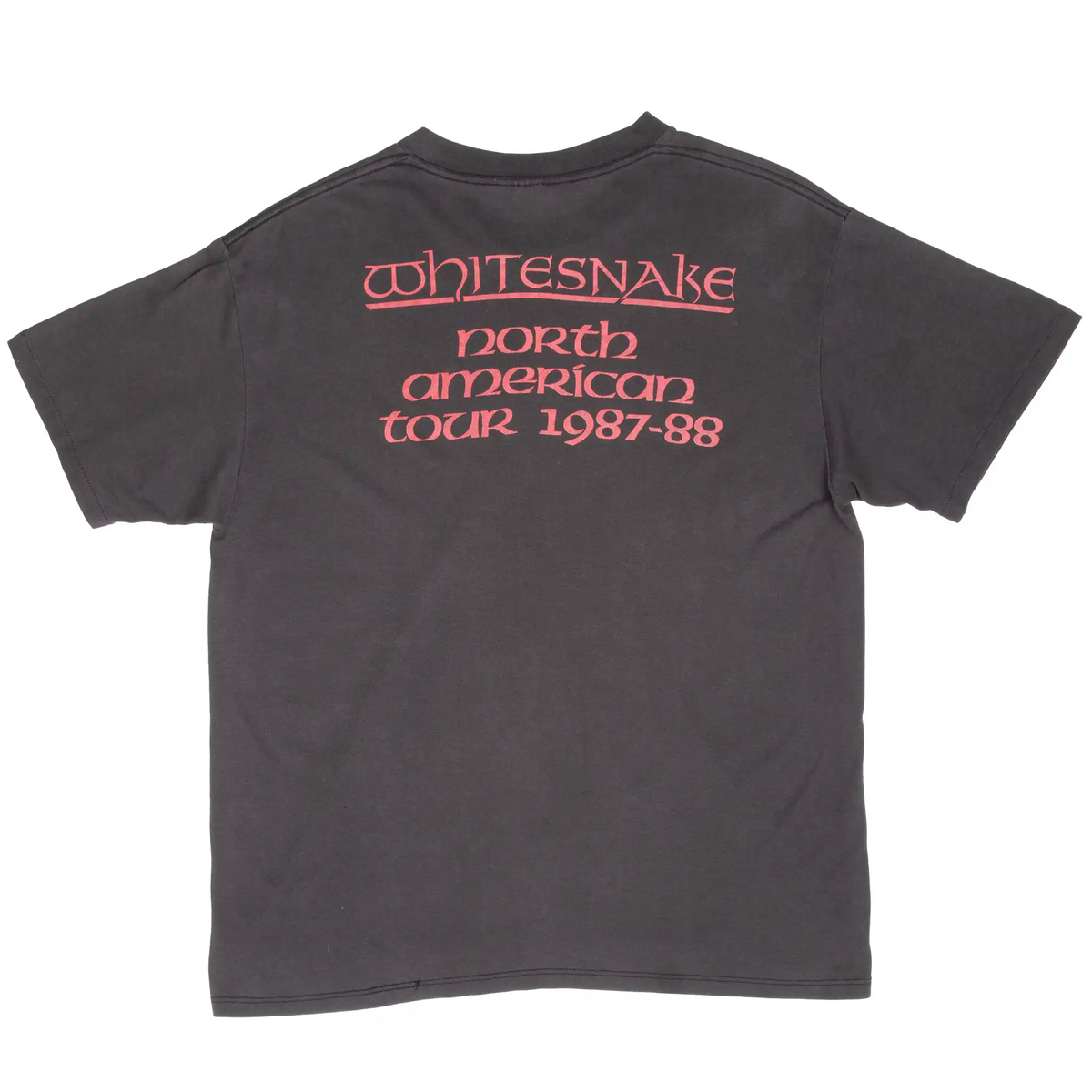 Back of black Whitesnake T-shirt with red North American Tour 1987-88 print