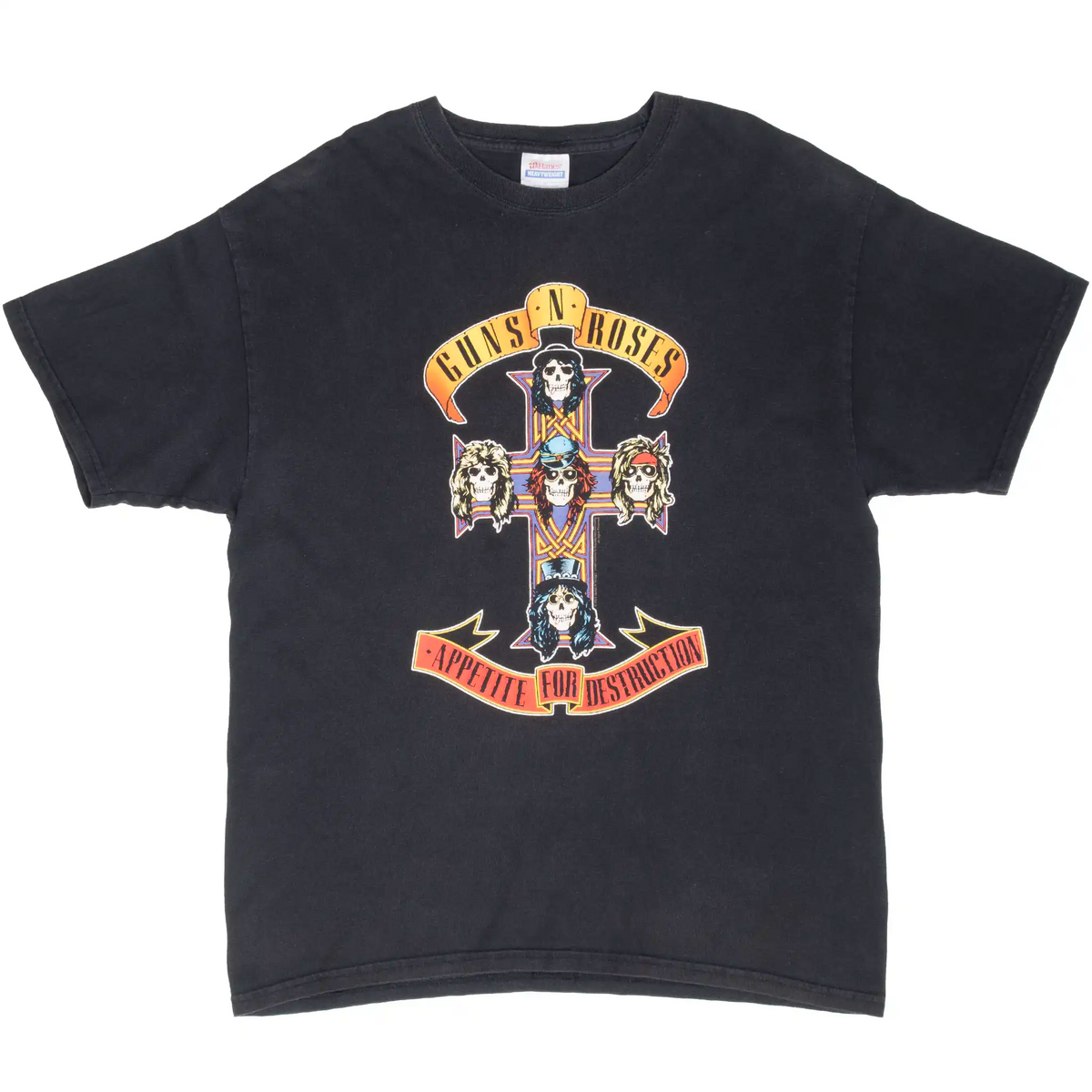 Full front view of black Guns N' Roses Appetite for Destruction T-shirt