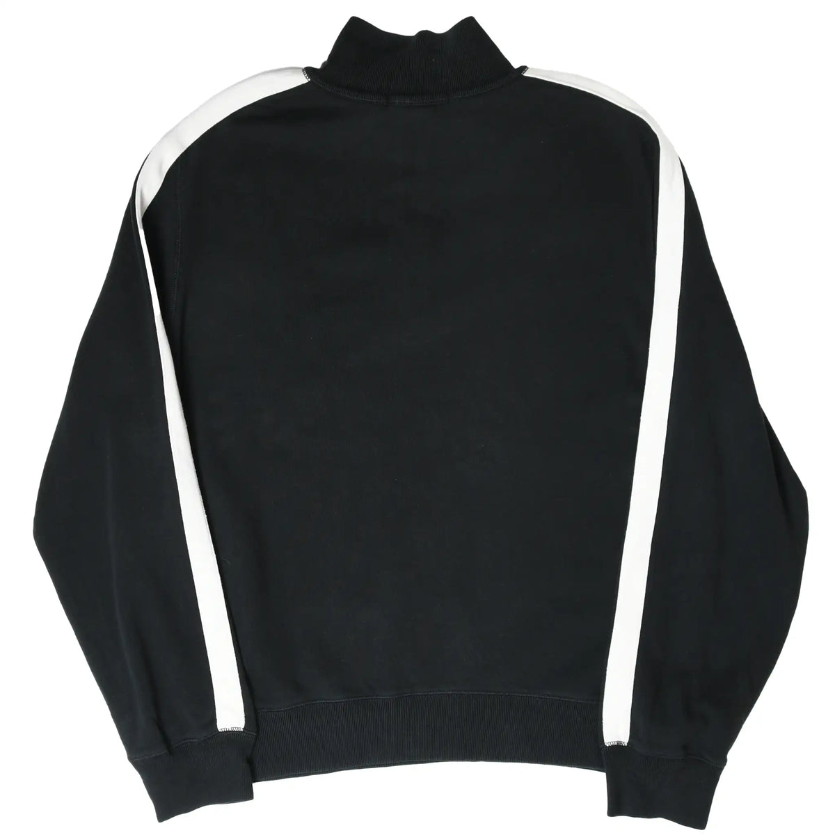 Back of black Polo Ralph Lauren quarter-zip sweatshirt with white side stripes