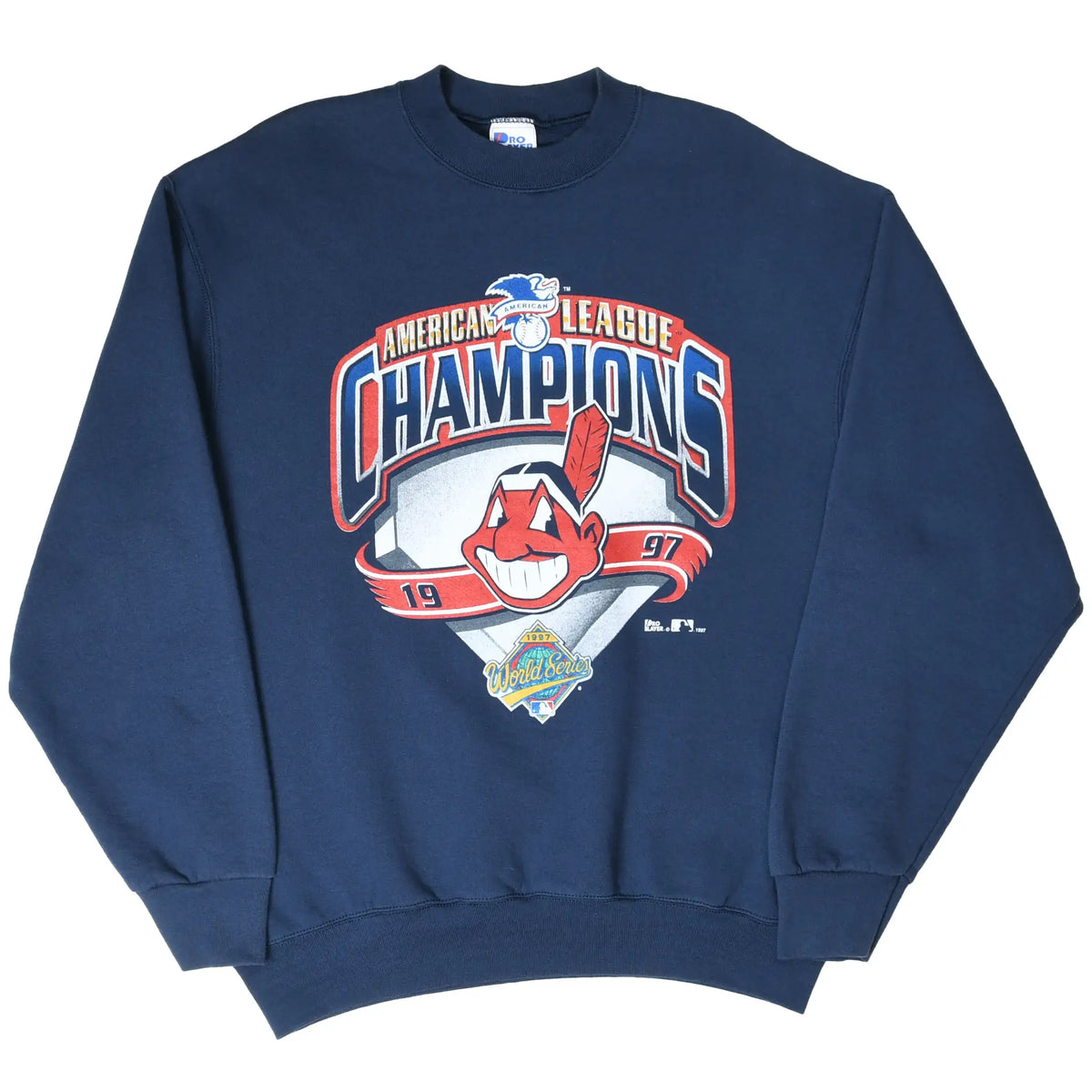 Full front view of navy Cleveland Indians sweatshirt with 1997 American League Champions graphic