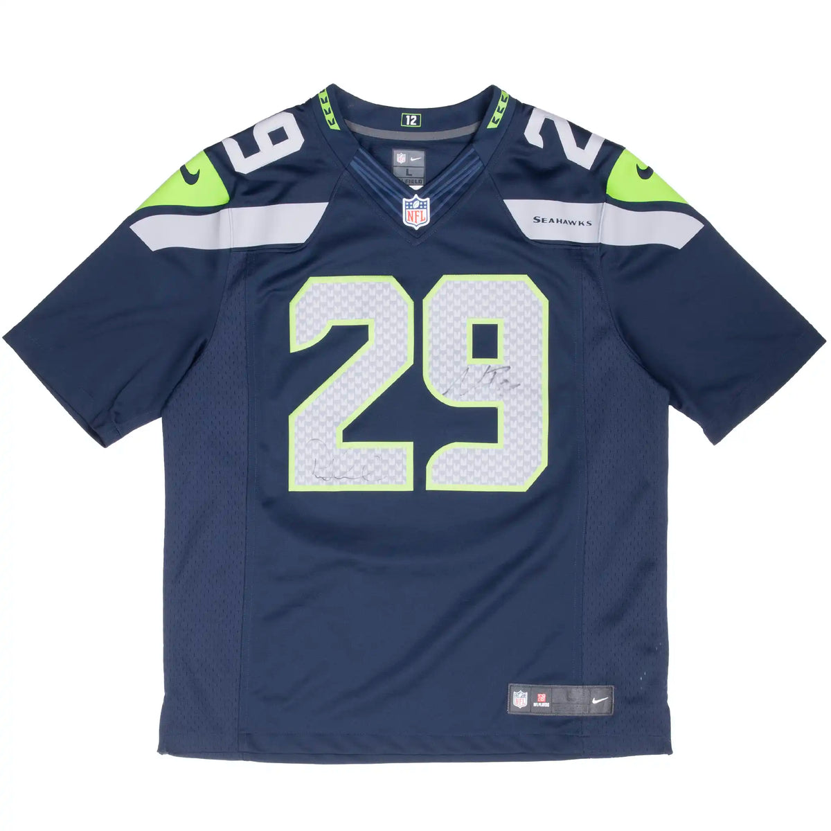Front of navy Seattle Seahawks Thomas III #29 Nike jersey with silver and green accents