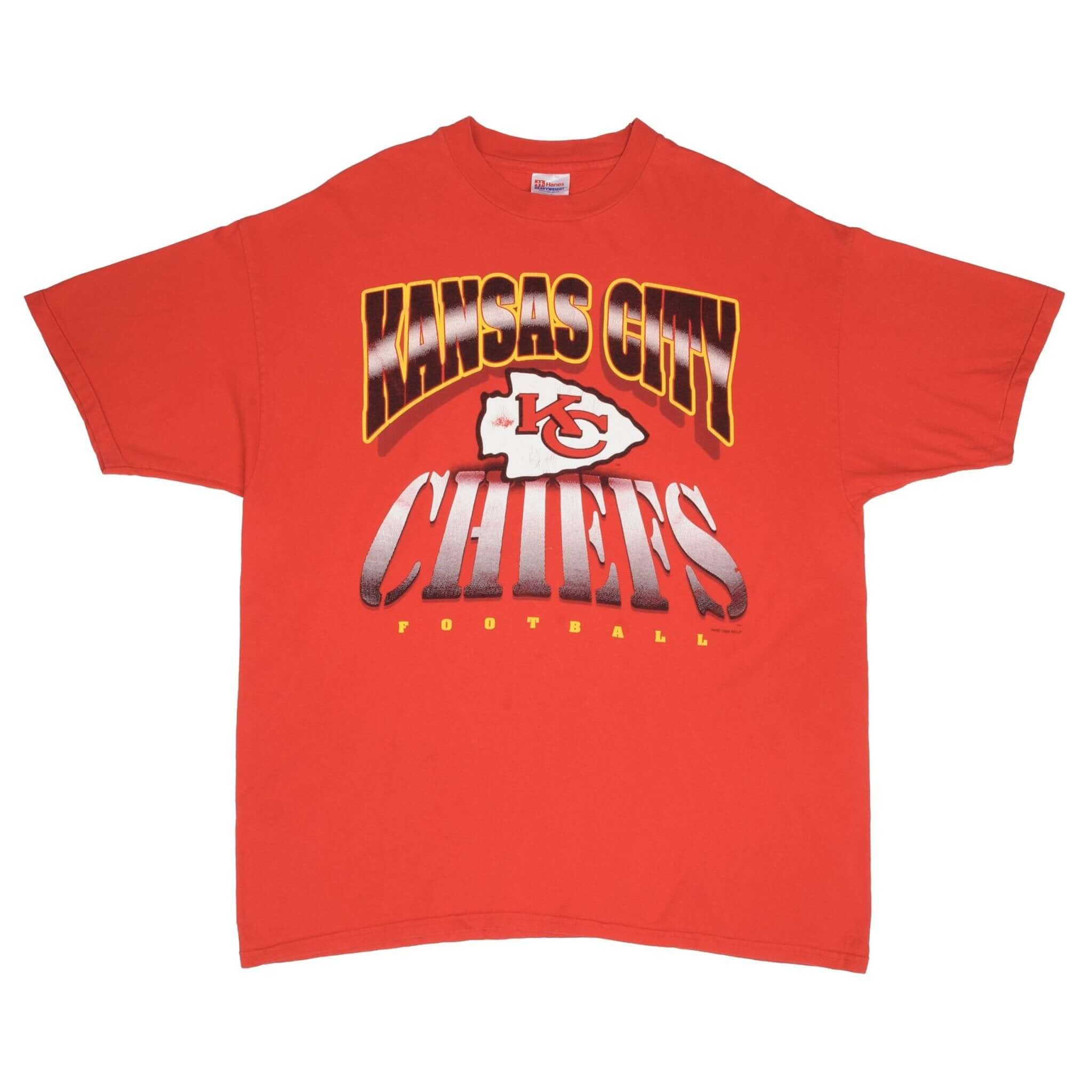 Full front view of red Kansas City Chiefs graphic T-shirt