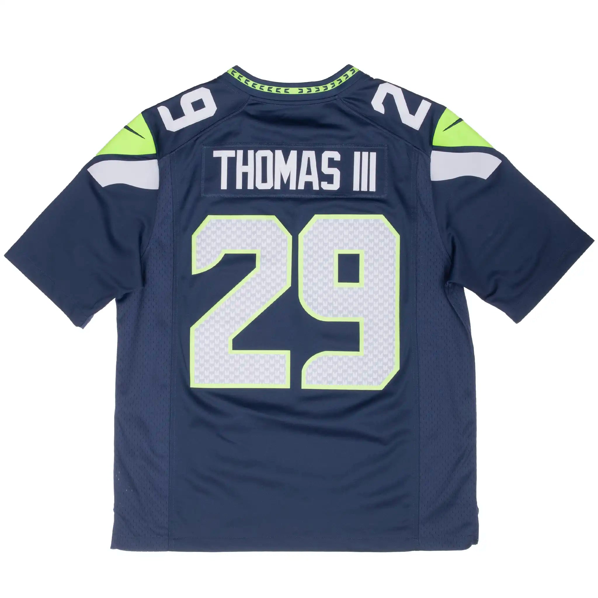 Back of navy Seattle Seahawks jersey with Thomas III name and number 29