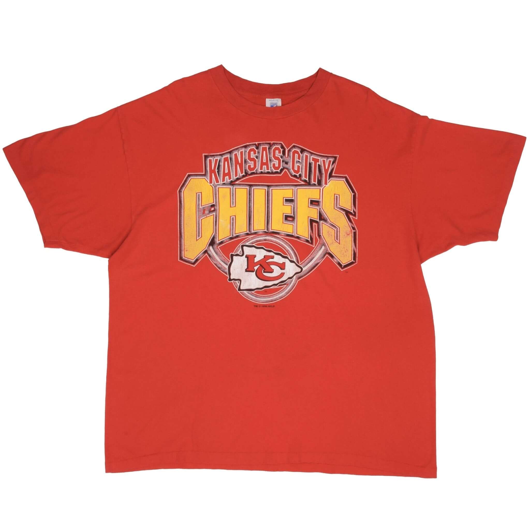 Full front view of red Kansas City Chiefs T-shirt with team logo graphic