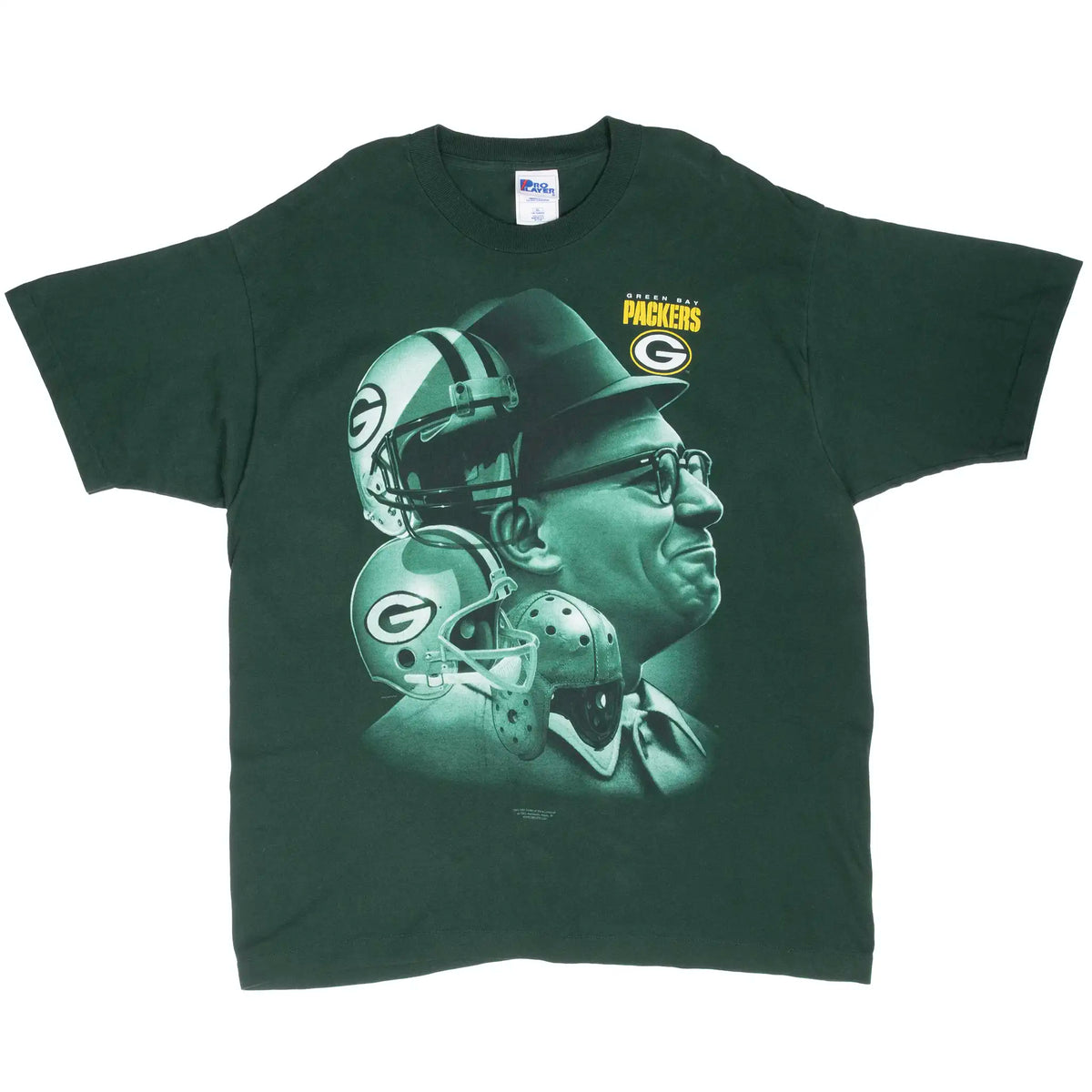 Full front of dark green Green Bay Packers T-shirt with coach portrait and helmet graphic