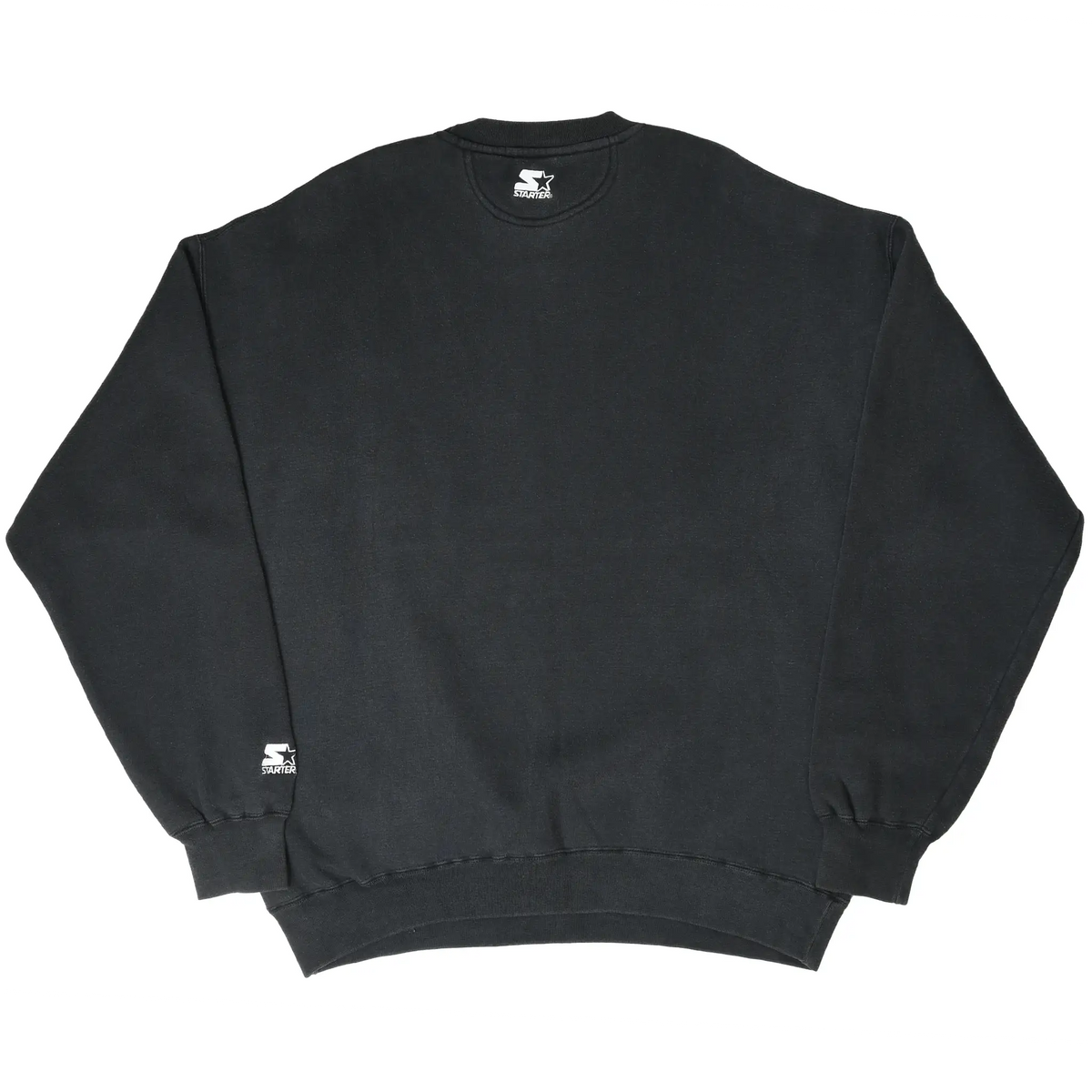 Back of black Starter Pittsburgh Steelers sweatshirt with small neck and sleeve logos