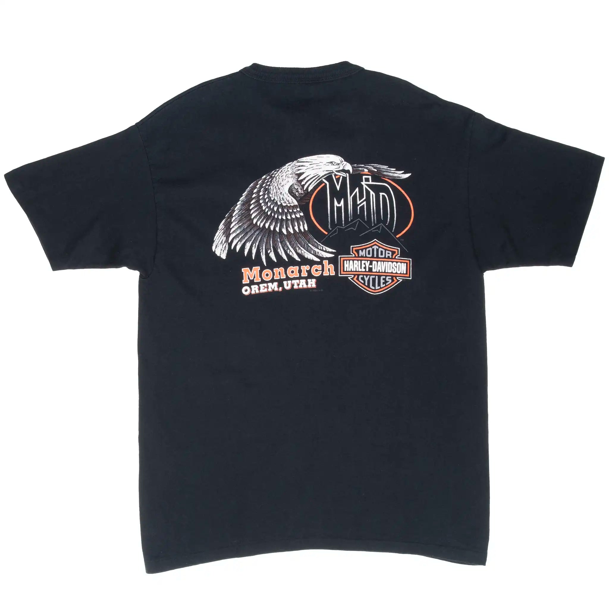 Back of black Harley-Davidson henley T-shirt with eagle and Monarch Orem, Utah graphic