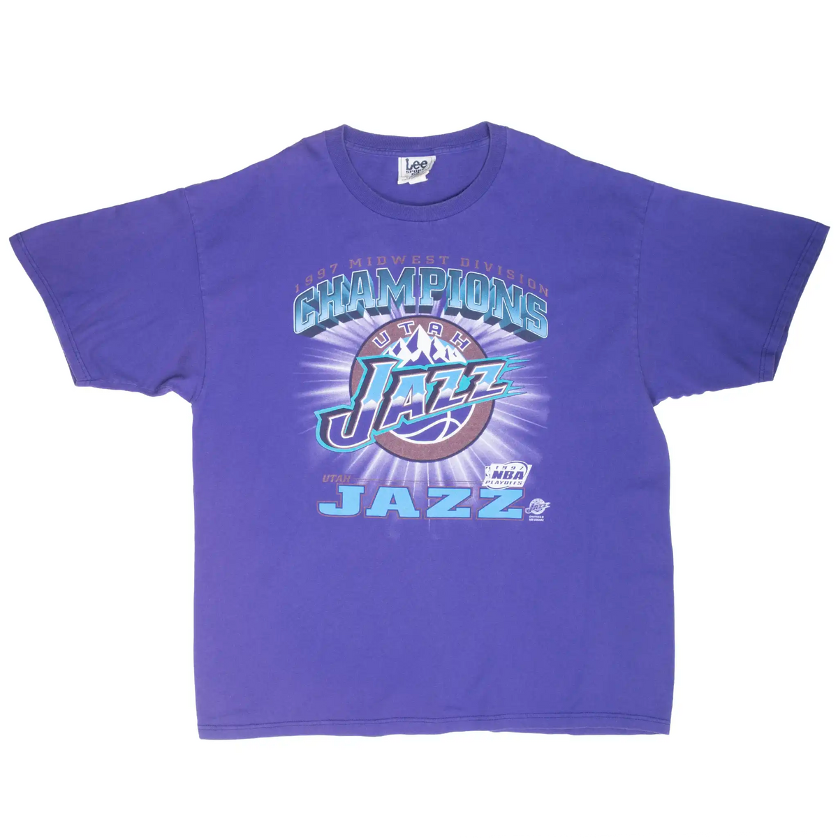 Front of purple Utah Jazz 1997 Midwest Division Champions T-shirt