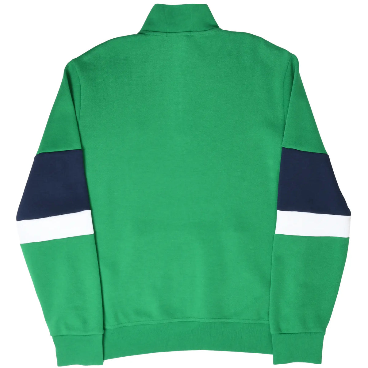 Back of green Polo Ralph Lauren quarter-zip sweater with navy and white sleeve stripes