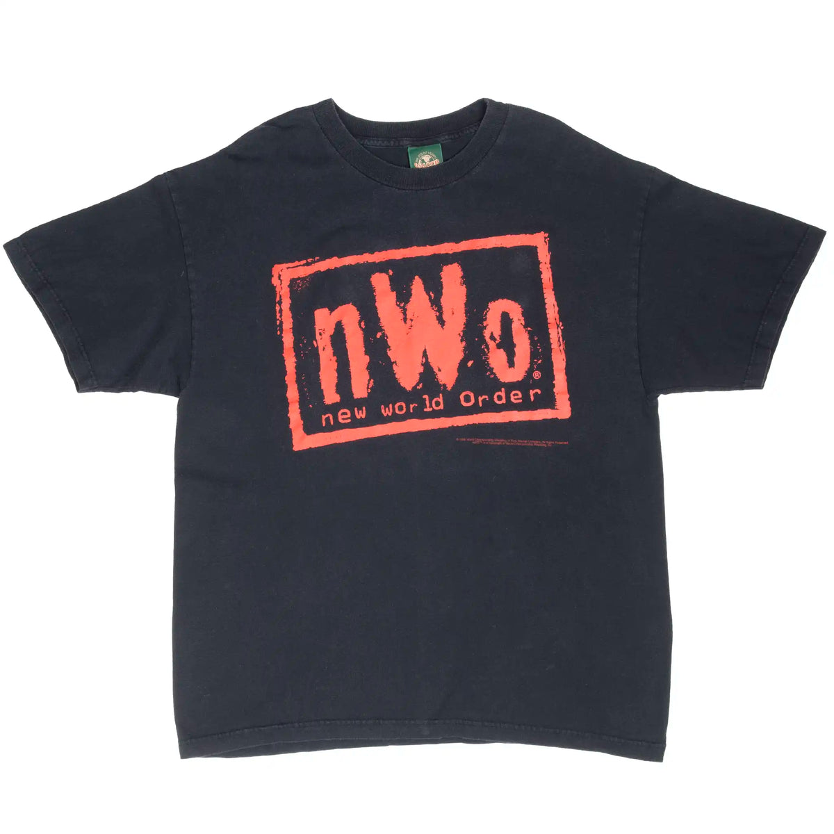 Full front view of black NWO New World Order T-shirt with red logo