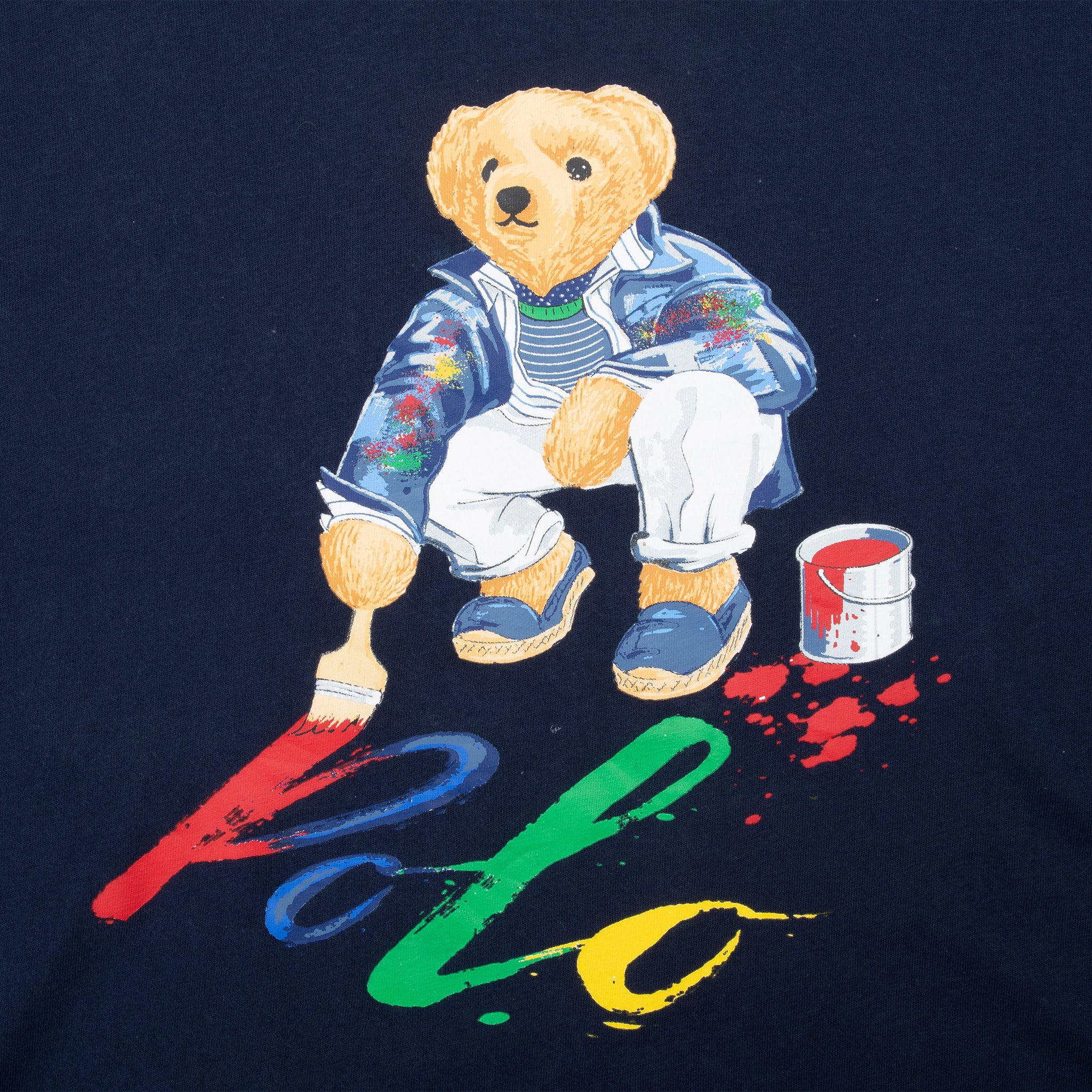 Vintage Ralph Lauren Polo Bear Painting Navy Blue Tee Shirt Size Medium With Single Stitch Sleeves