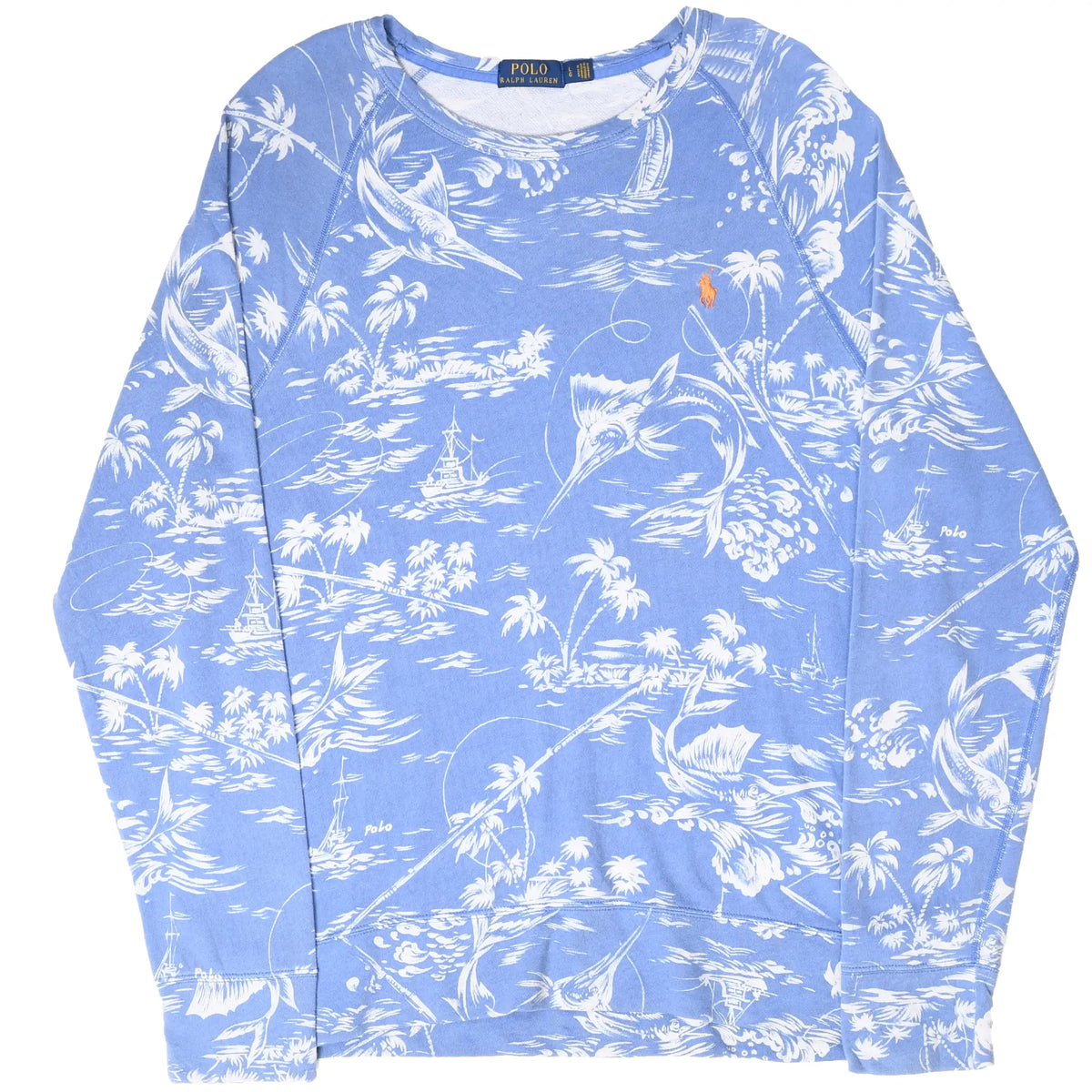 Full front view of blue Polo Ralph Lauren sweatshirt with swordfish fishing print