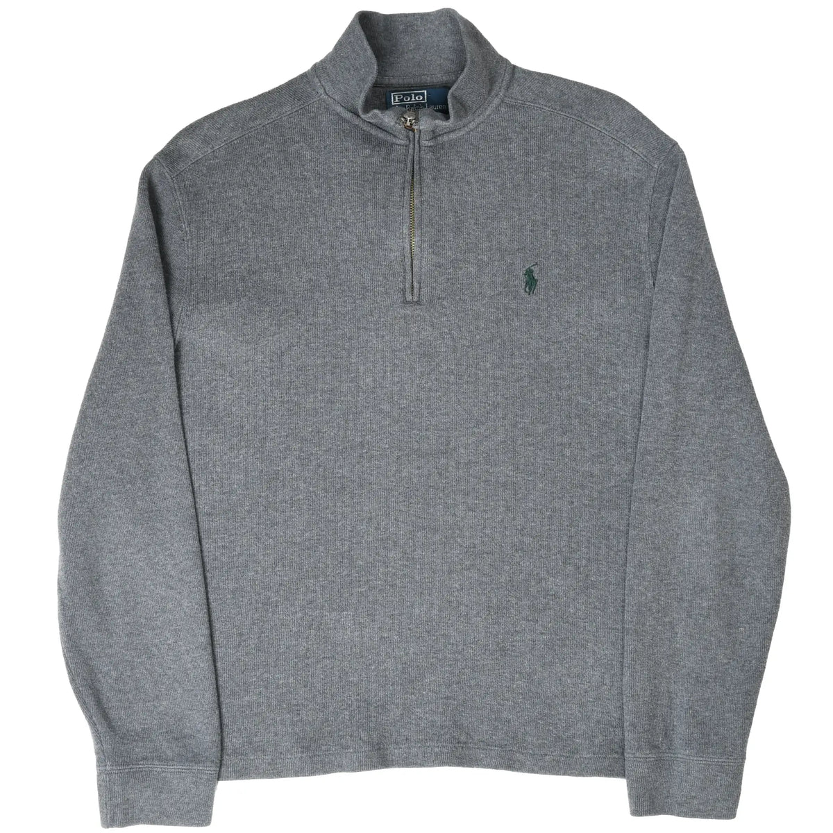 Full front view of dark grey Polo Ralph Lauren quarter-zip sweater