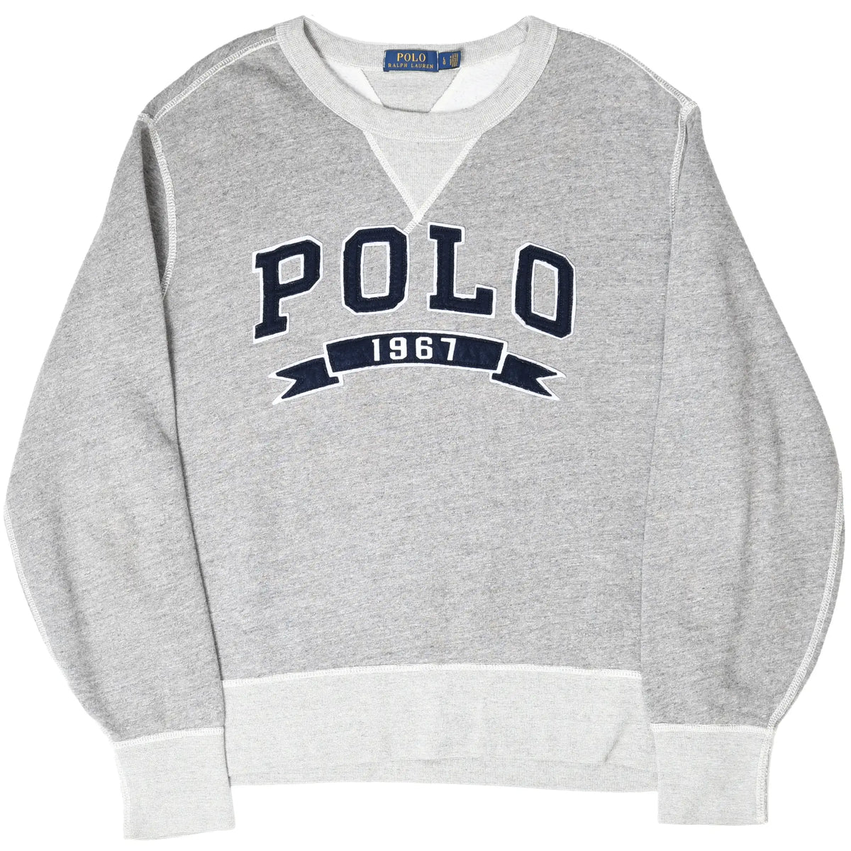Full front of grey Polo Ralph Lauren sweatshirt with navy POLO 1967 embroidery