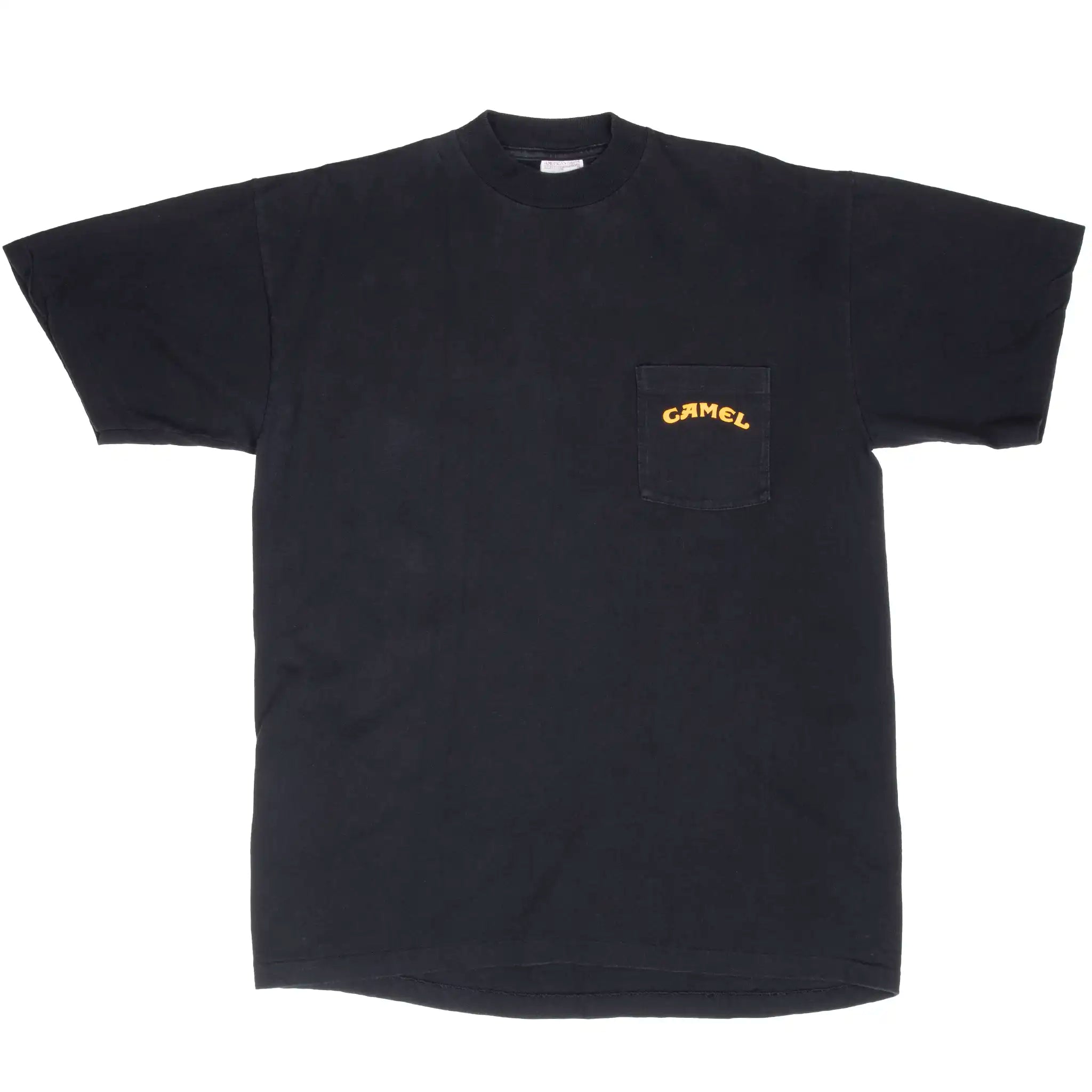Front of black Camel T-shirt with yellow logo on chest pocket