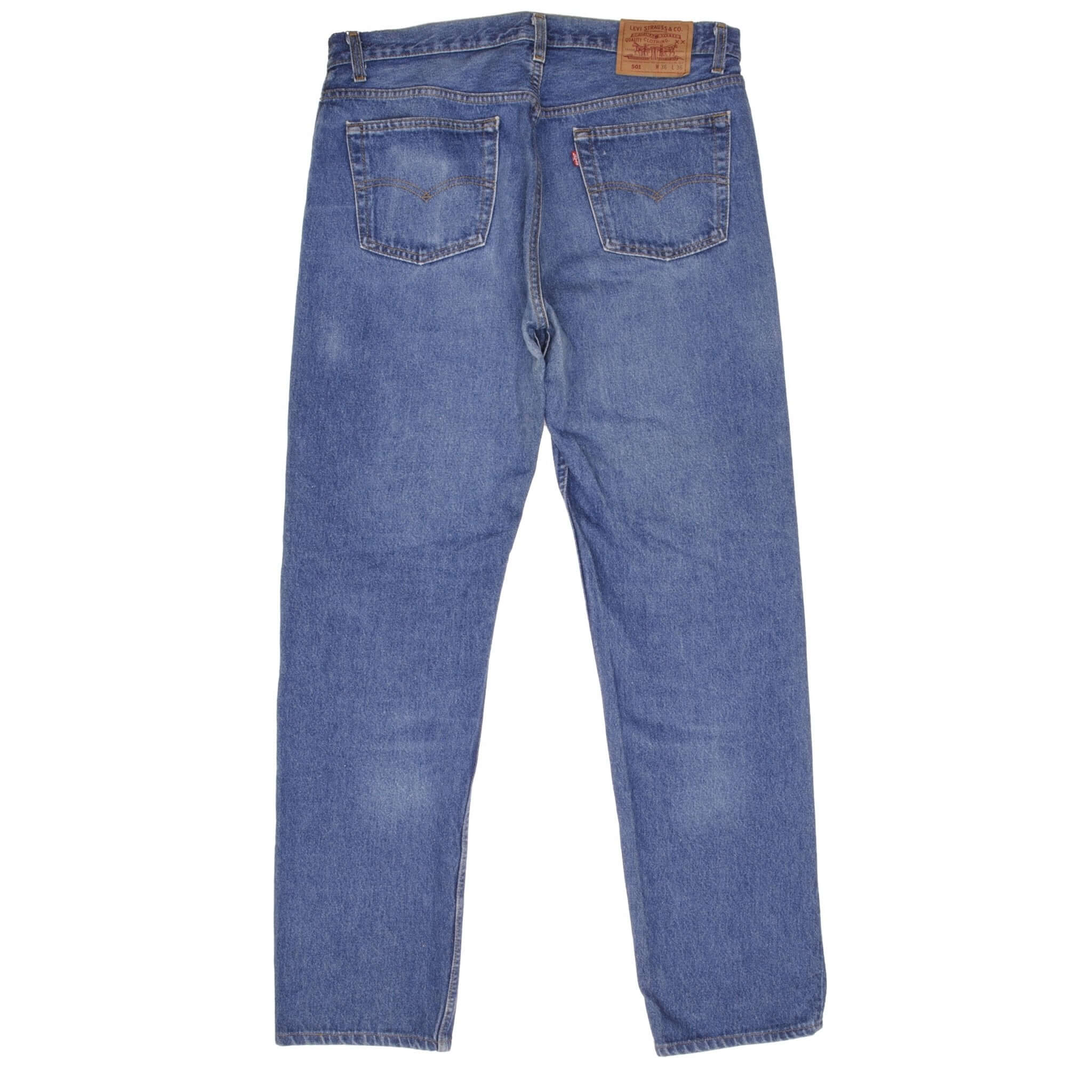 Beautiful Indigo Levis 501 Jeans 1980s Made in USA with Medium Wash. Size on tag 36X36 Actual Size 36X34 Back Button #553