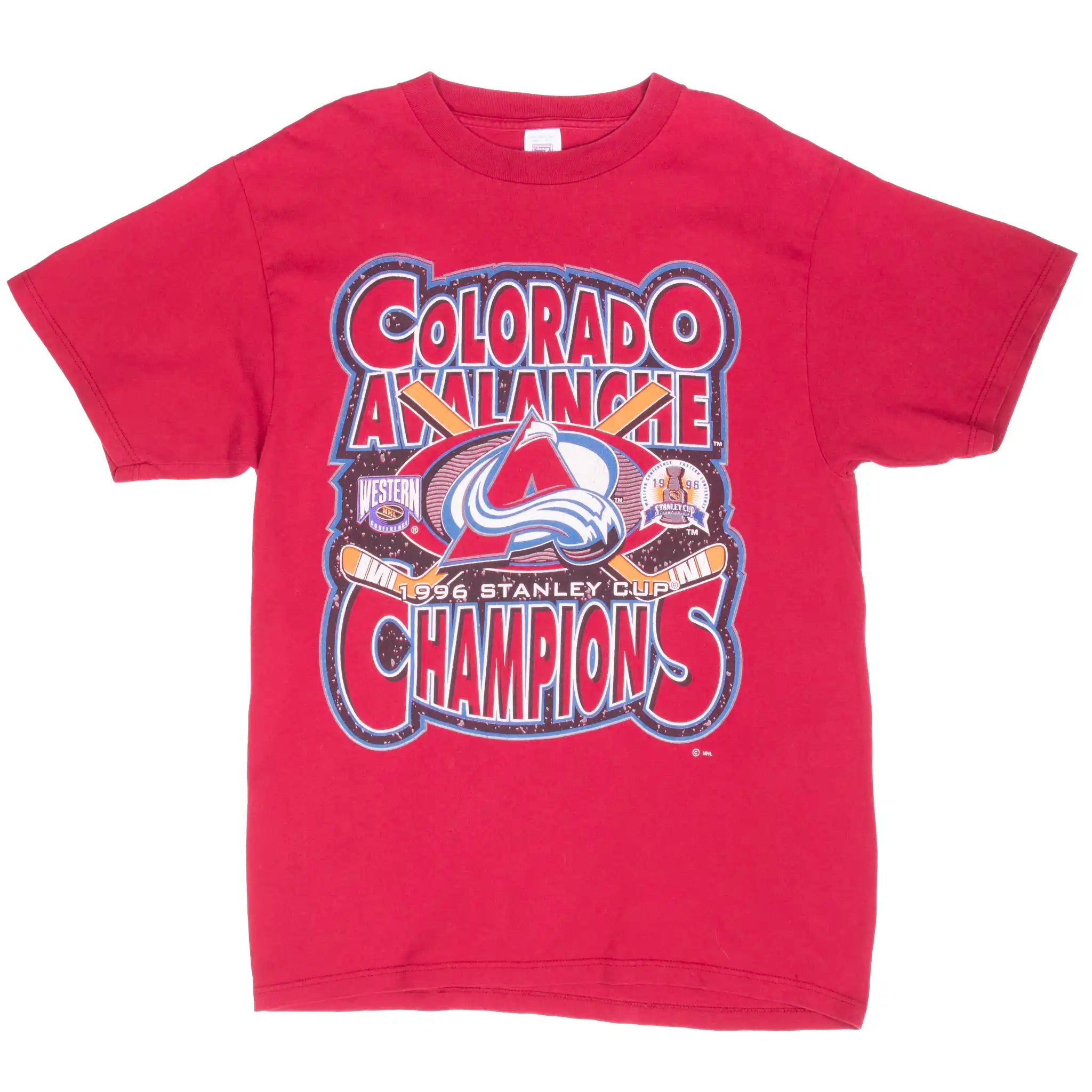 Full front view of red Colorado Avalanche 1996 Stanley Cup Champions T-shirt