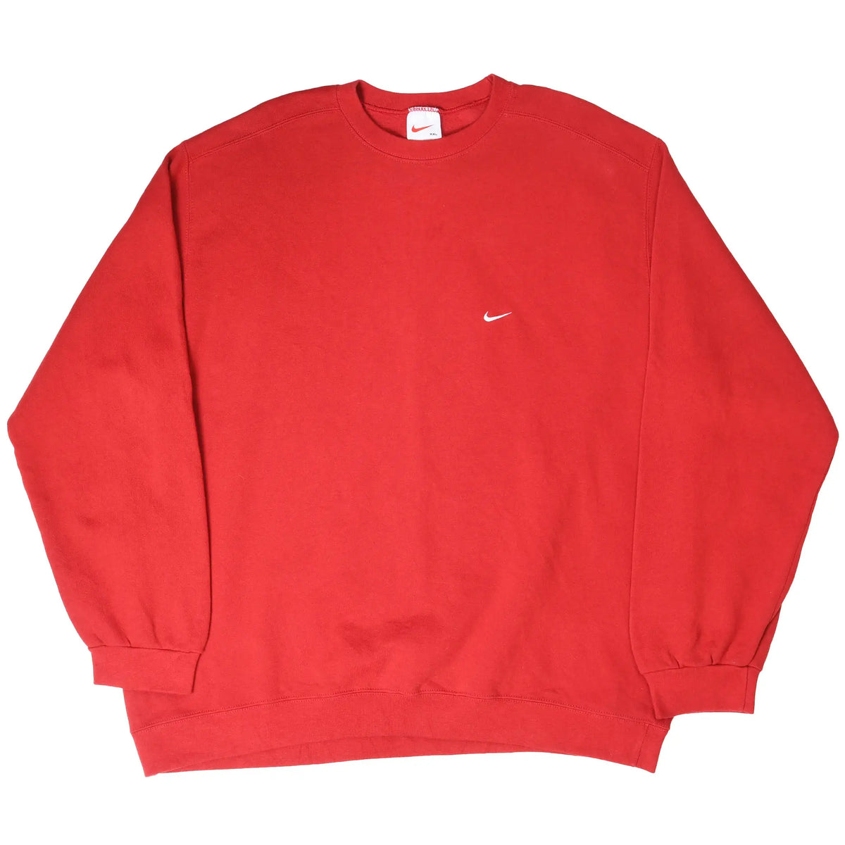 Full front view of red Nike sweatshirt with small white Swoosh embroidery