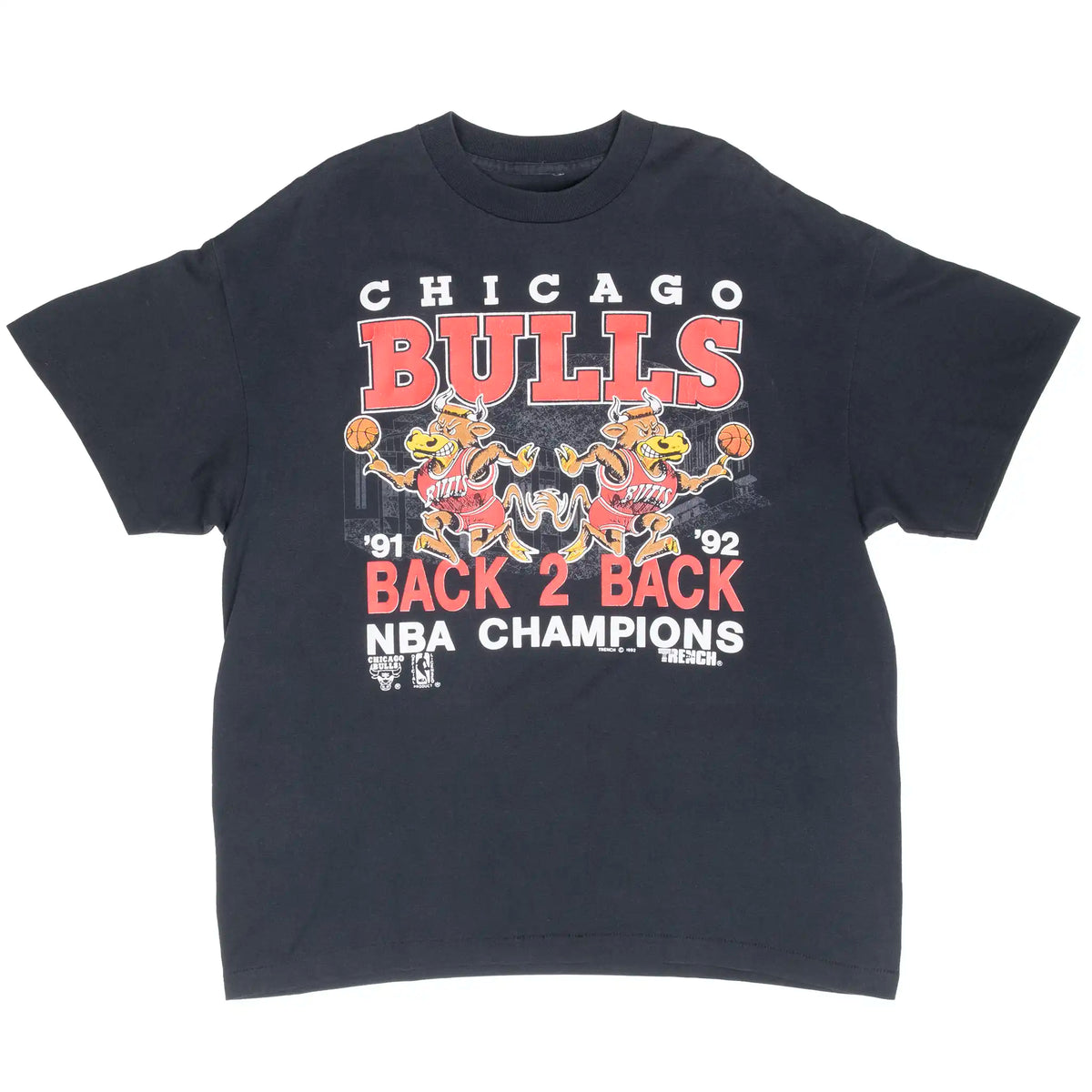 Full front view of black Chicago Bulls back-to-back NBA champions graphic T-shirt