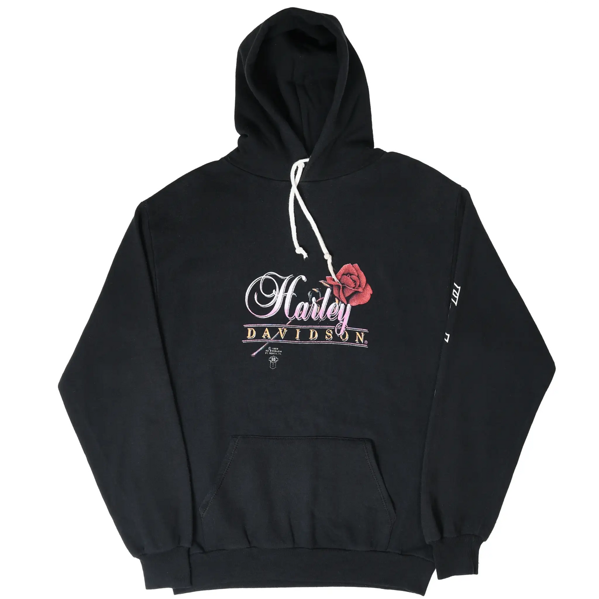 Front view of black Harley-Davidson pullover hoodie with rose graphic and pouch pocket