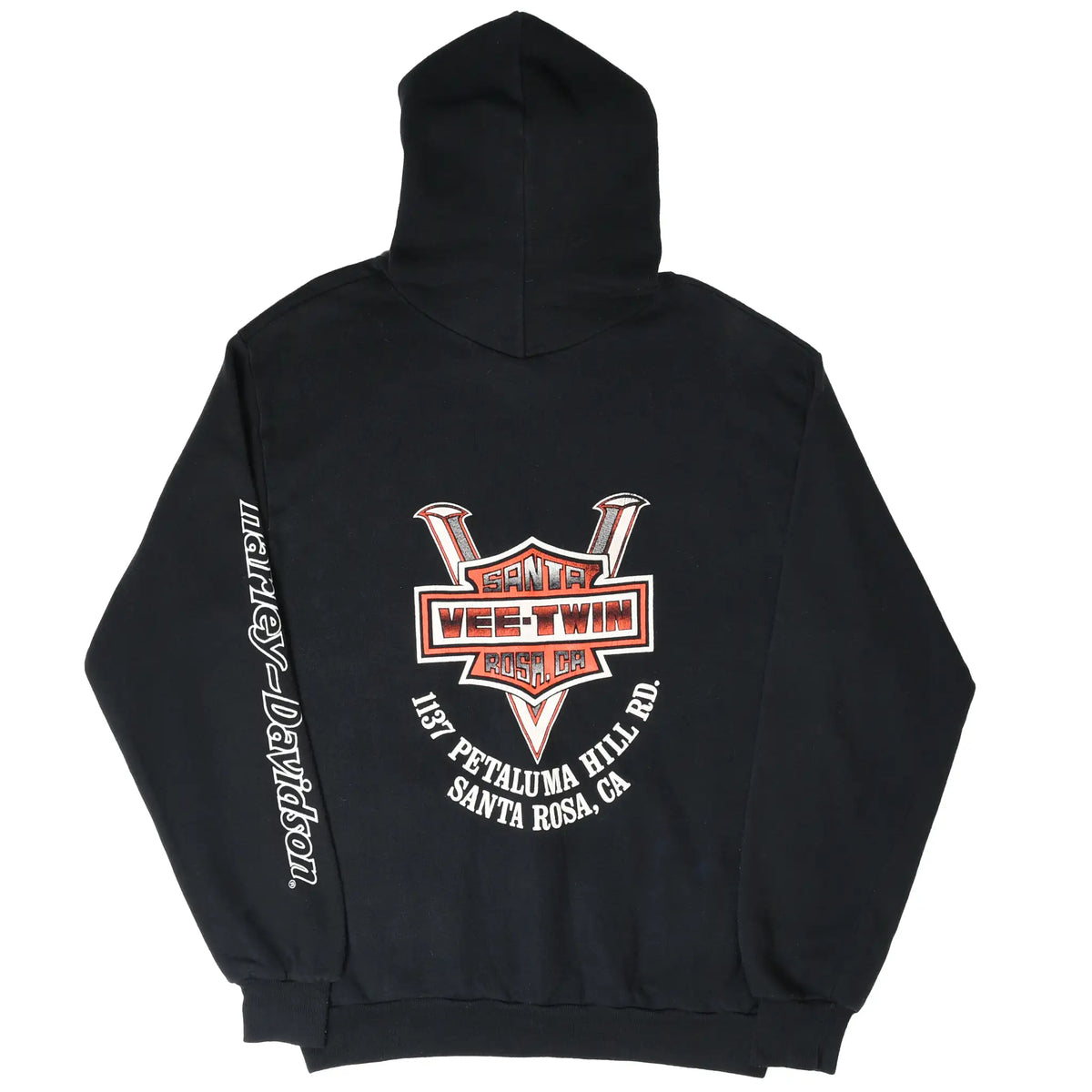 Back of black Harley-Davidson hoodie with Santa Rosa Vee-Twin graphic and sleeve print