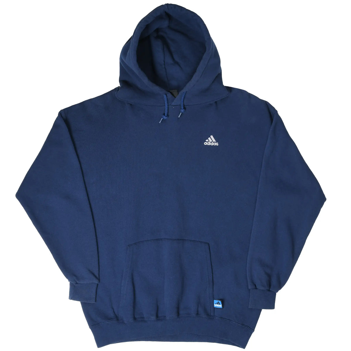 Front view of navy blue Adidas hoodie with drawstring hood, chest logo, and pouch pocket