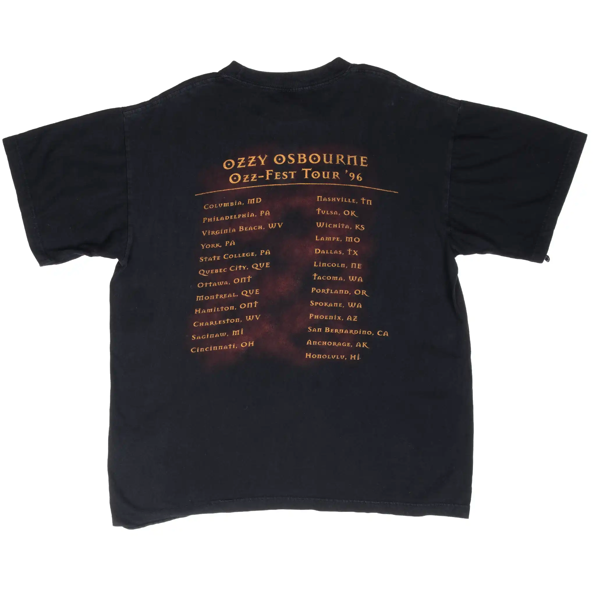 Back of black Ozzy Osbourne Ozzfest 1996 tour T-shirt with city list