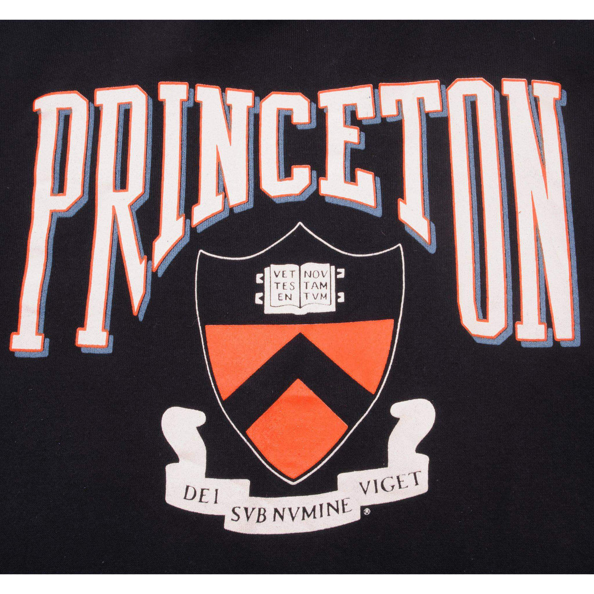 Close-up of orange and white Princeton lettering and university crest print