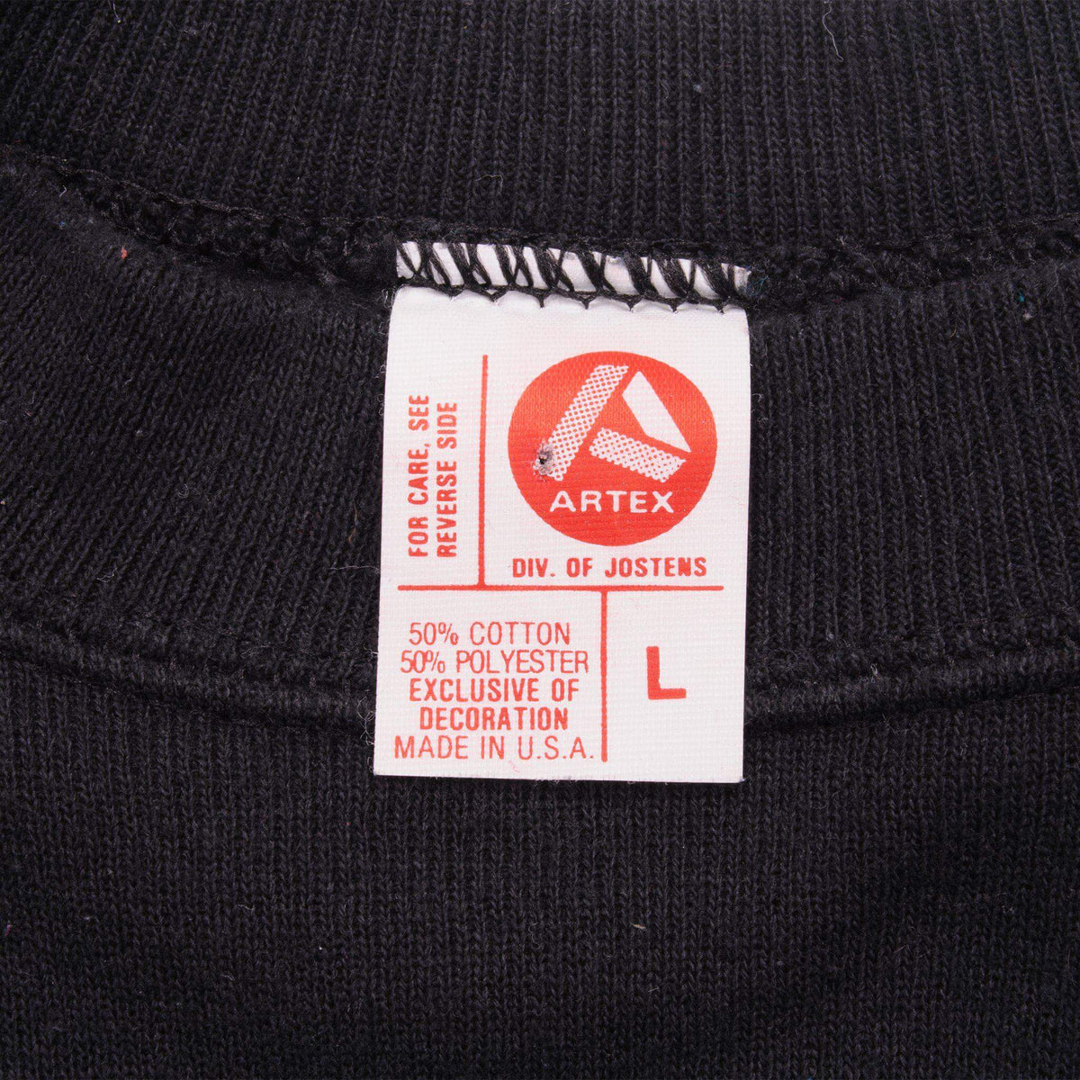 Artex neck tag on Princeton sweatshirt showing size large and Made in USA