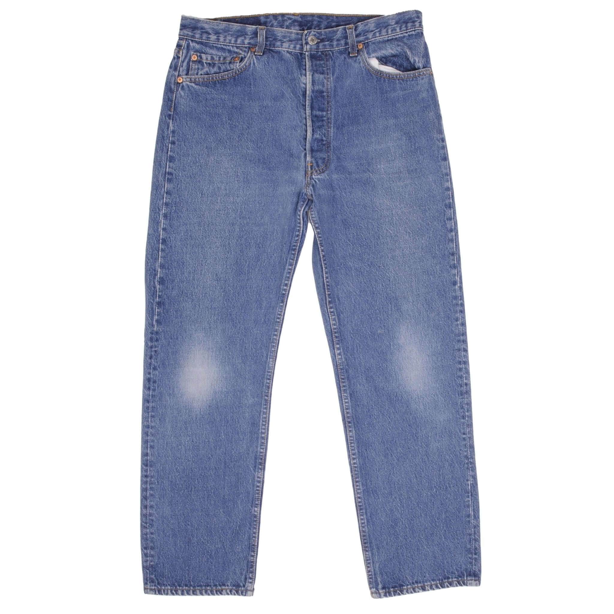 Beautiful Indigo Levis 501 Jeans 1980s Made in USA with Medium Light Wash. Size on tag 36X30 Actual Size 35X30 Back Button #522