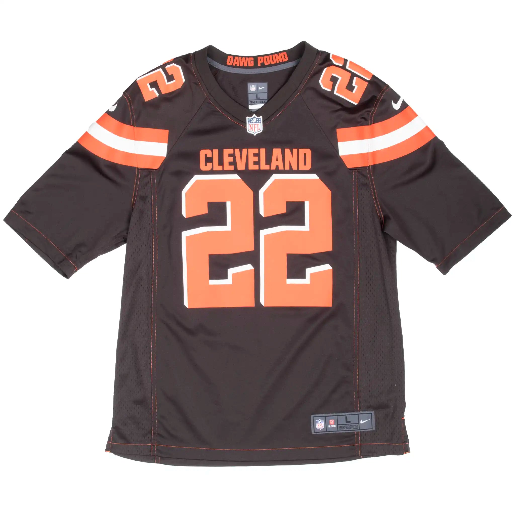 Front of brown Nike Cleveland Browns Peppers #22 jersey with Cleveland chest lettering