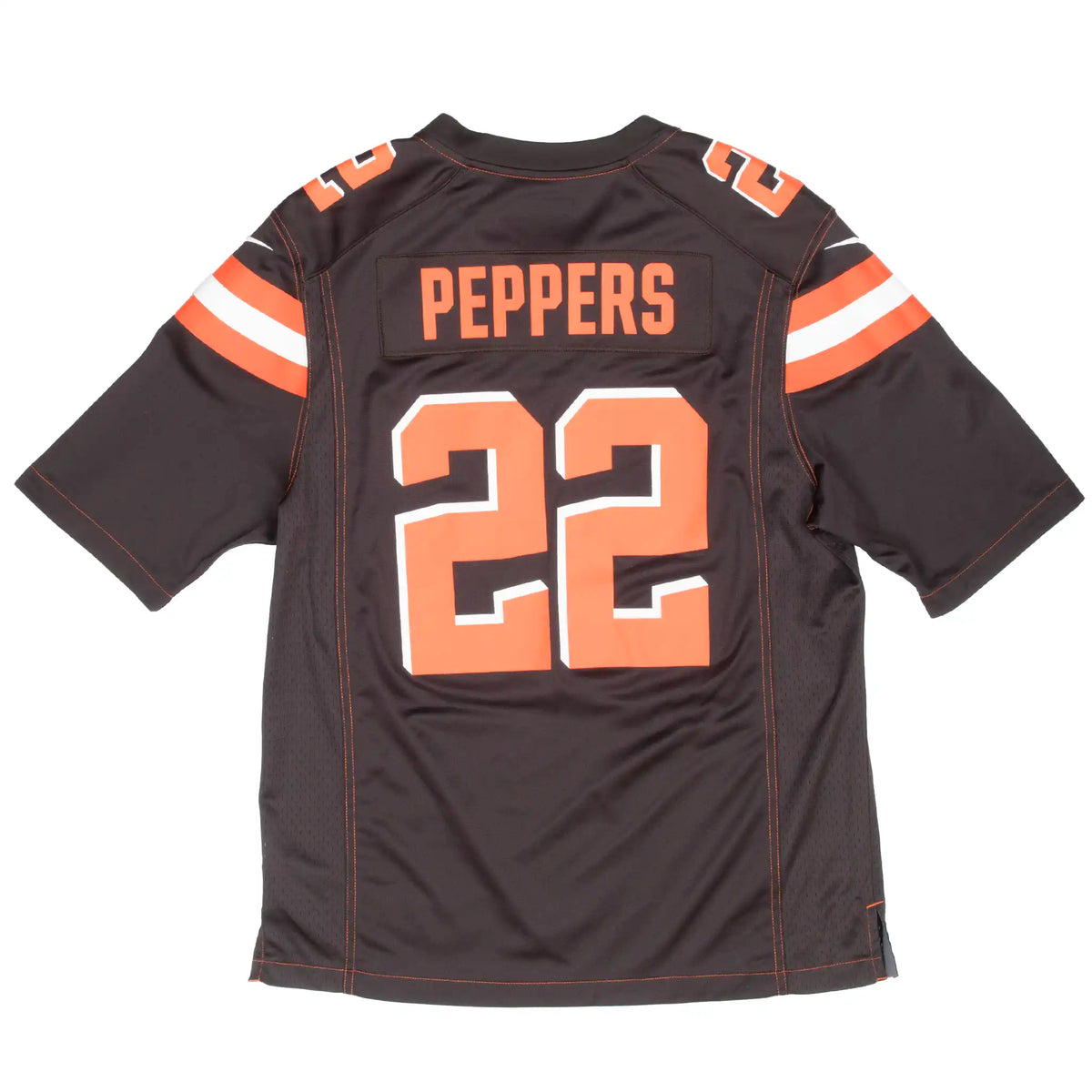 Back of brown Nike Cleveland Browns jersey with Peppers name and orange #22 graphics