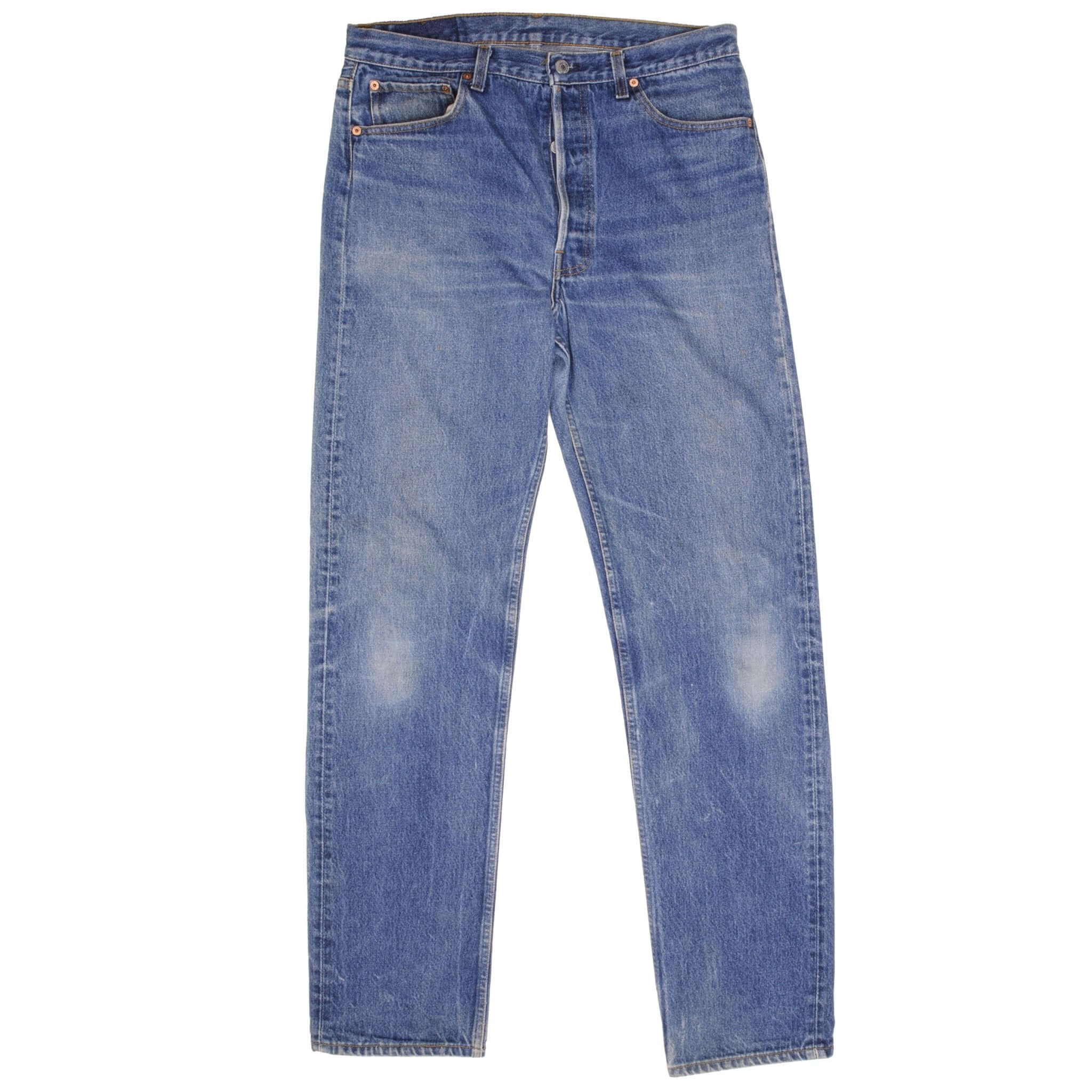 Beautiful Indigo Levis 501 Jeans 1980s Made in USA with Medium Light Wash. Size on tag 36X38 Actual Size 36X35 Back Button #552