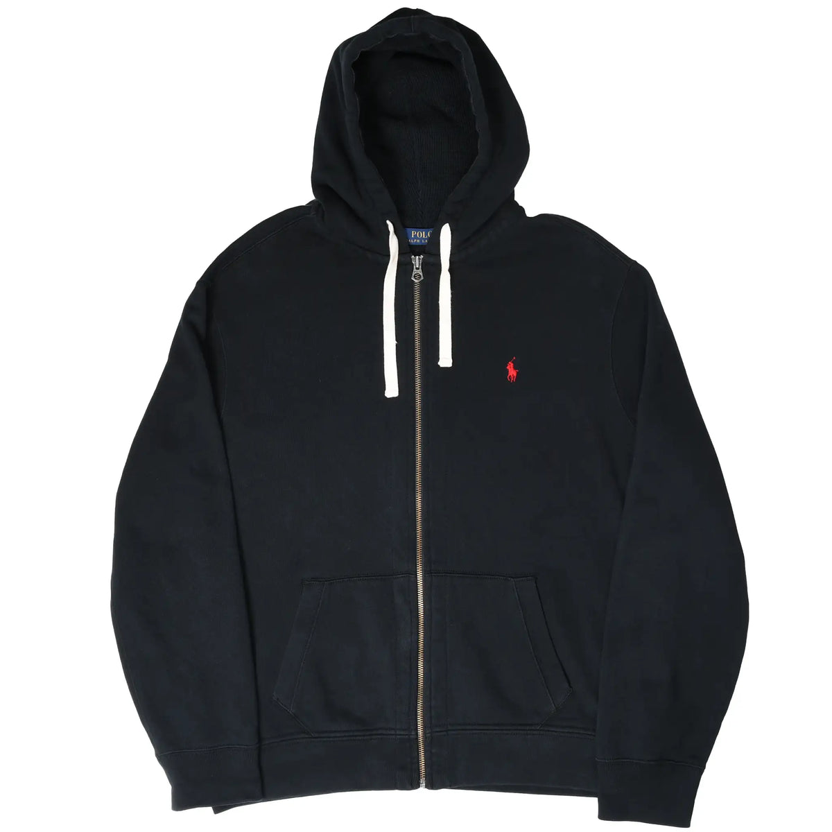 Front view of black Polo Ralph Lauren full-zip hoodie with split pouch pockets