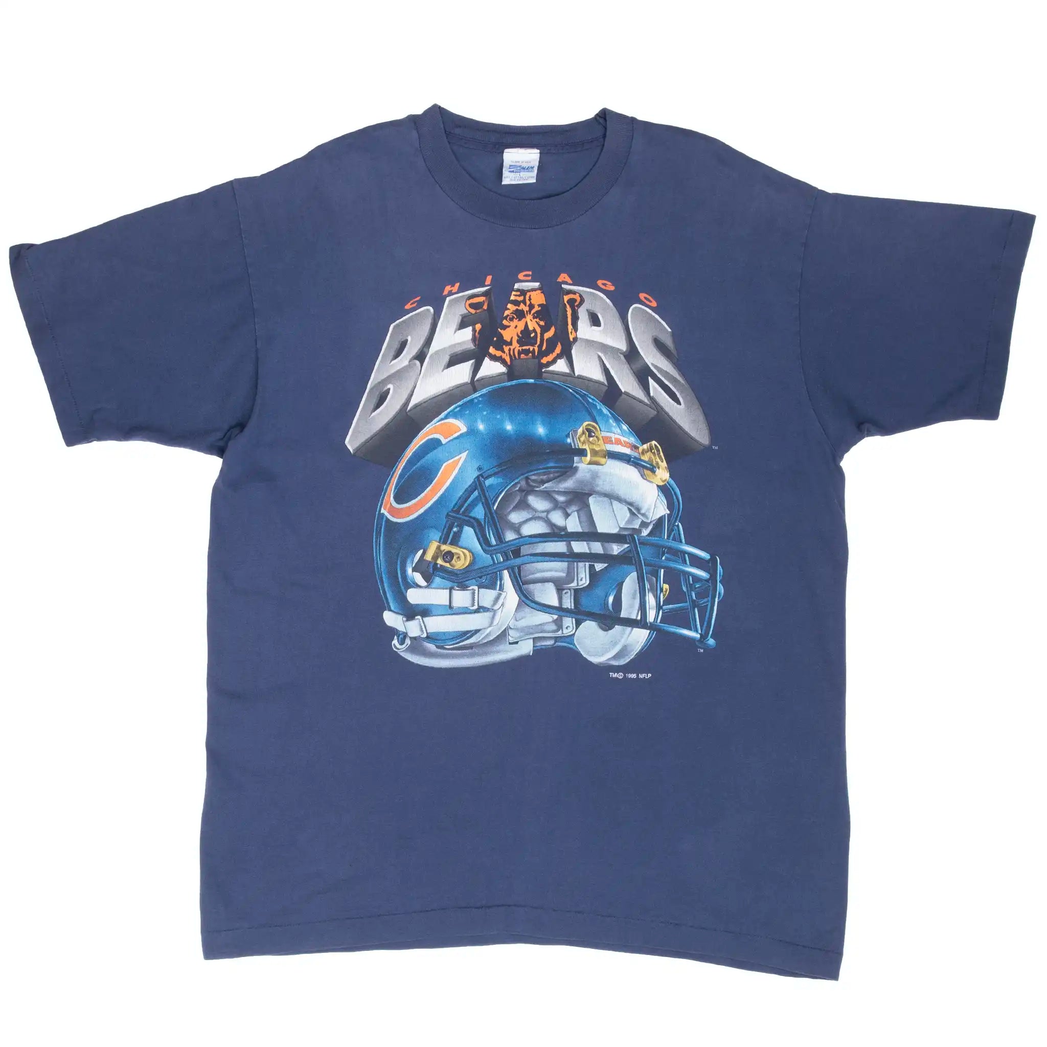 Full front view of navy Chicago Bears short-sleeve T-shirt with helmet graphic