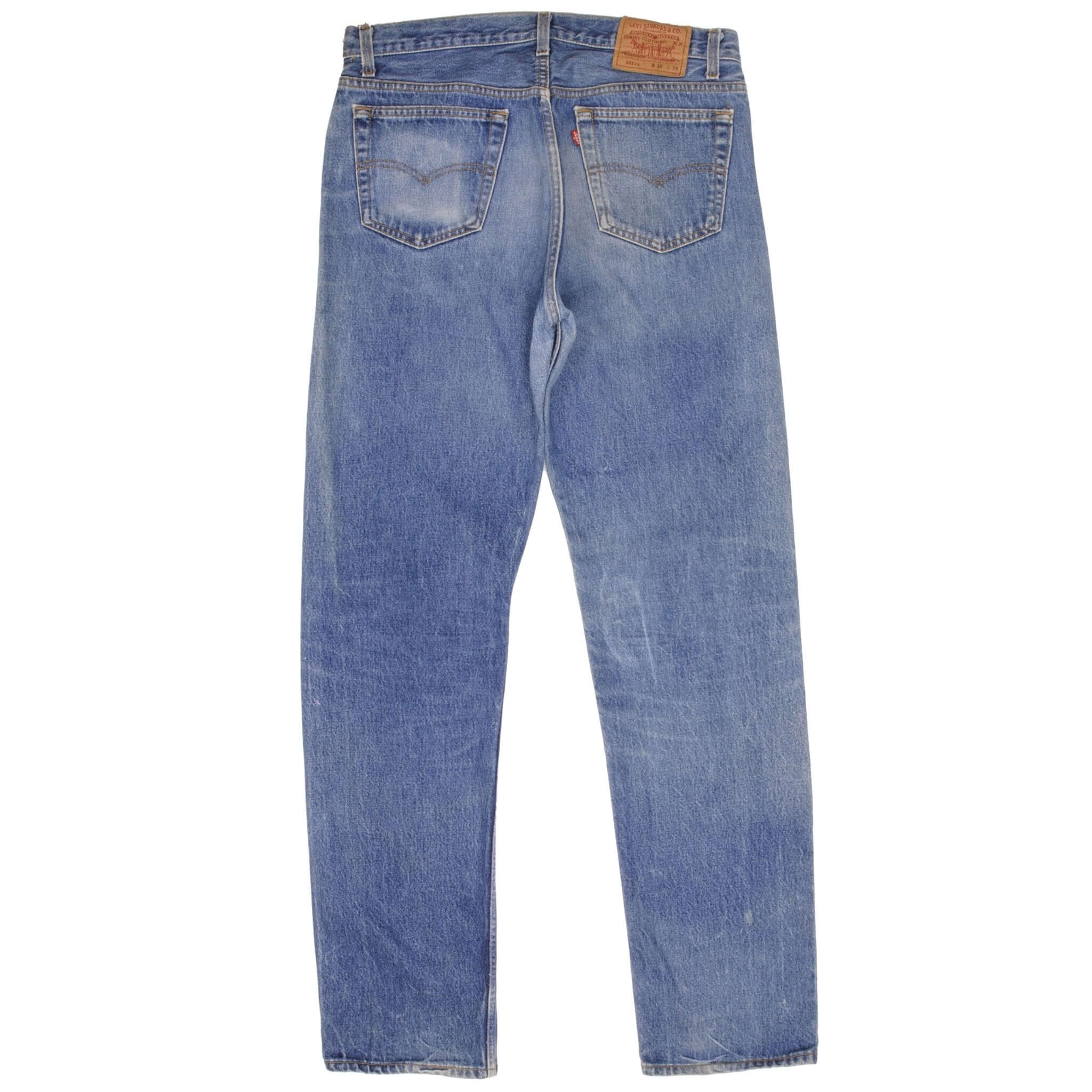 Beautiful Indigo Levis 501 Jeans 1980s Made in USA with Medium Light Wash. Size on tag 36X38 Actual Size 36X35 Back Button #552