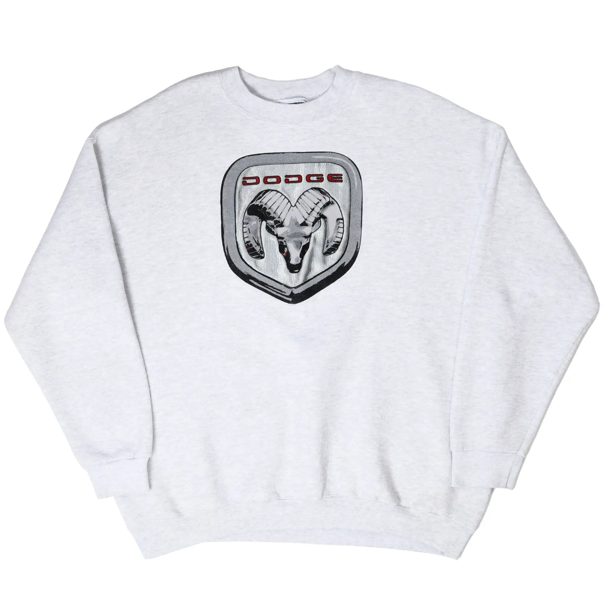 Full front view of light gray Dodge crewneck sweatshirt with ram logo