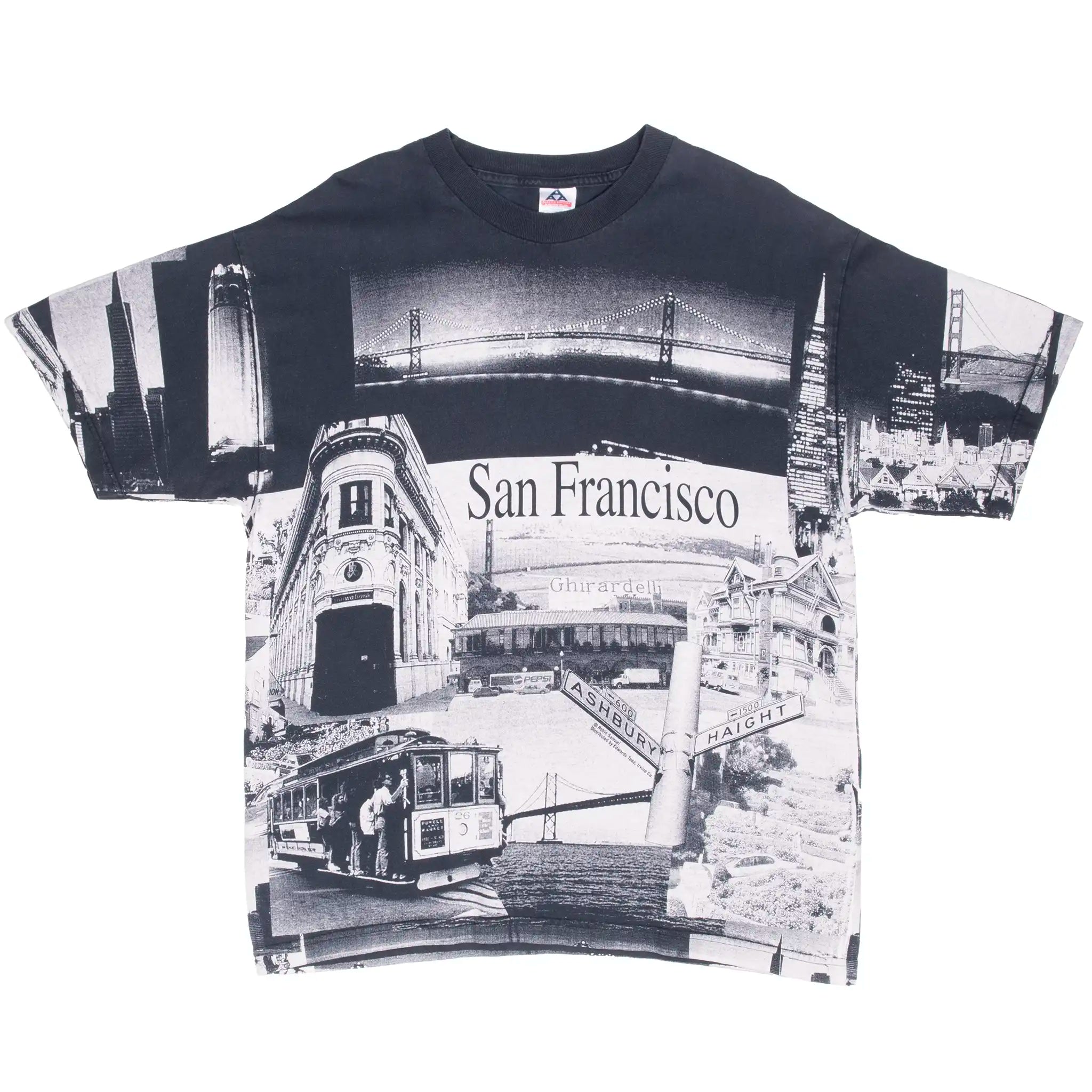 Front of black San Francisco all-over print tee with monochrome city landmarks