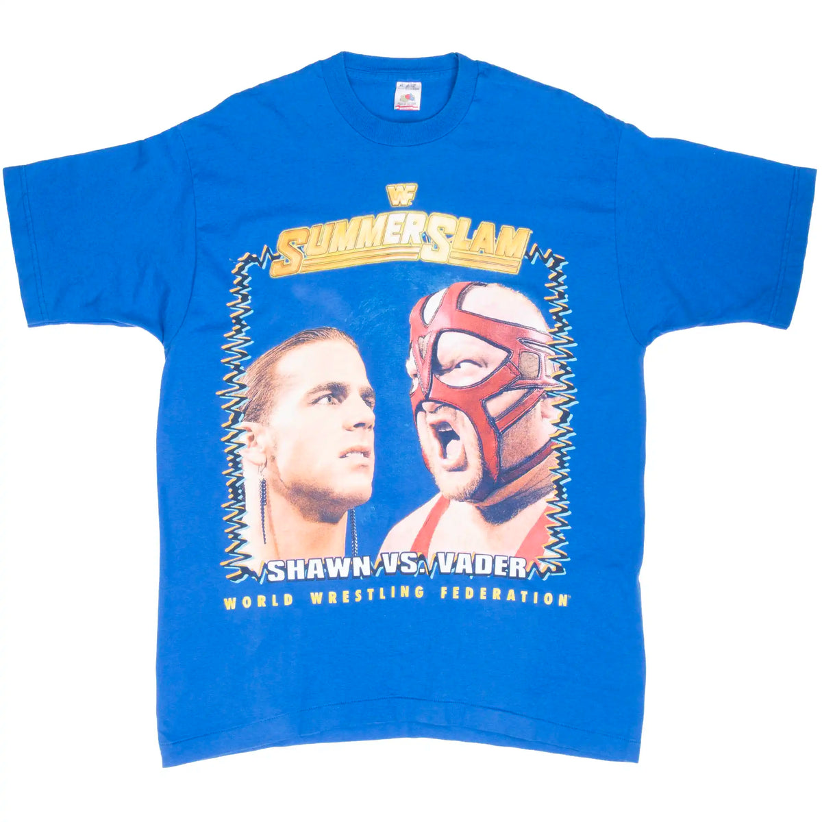 Full front view of blue WWF SummerSlam Shawn Michaels vs. Vader T-shirt