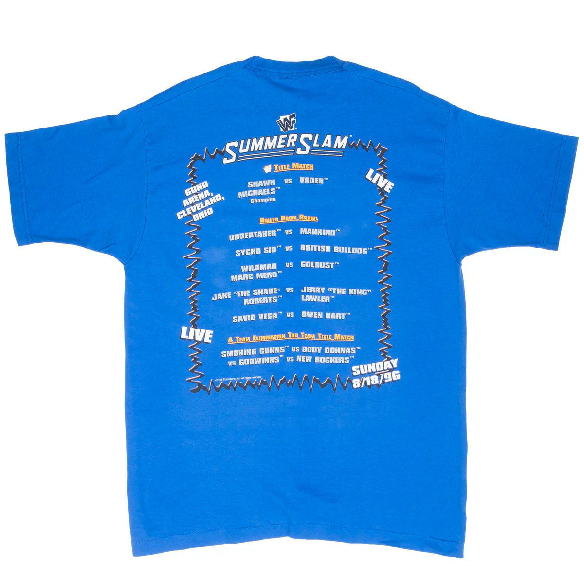 Back of blue WWF SummerSlam T-shirt with wrestling match card print