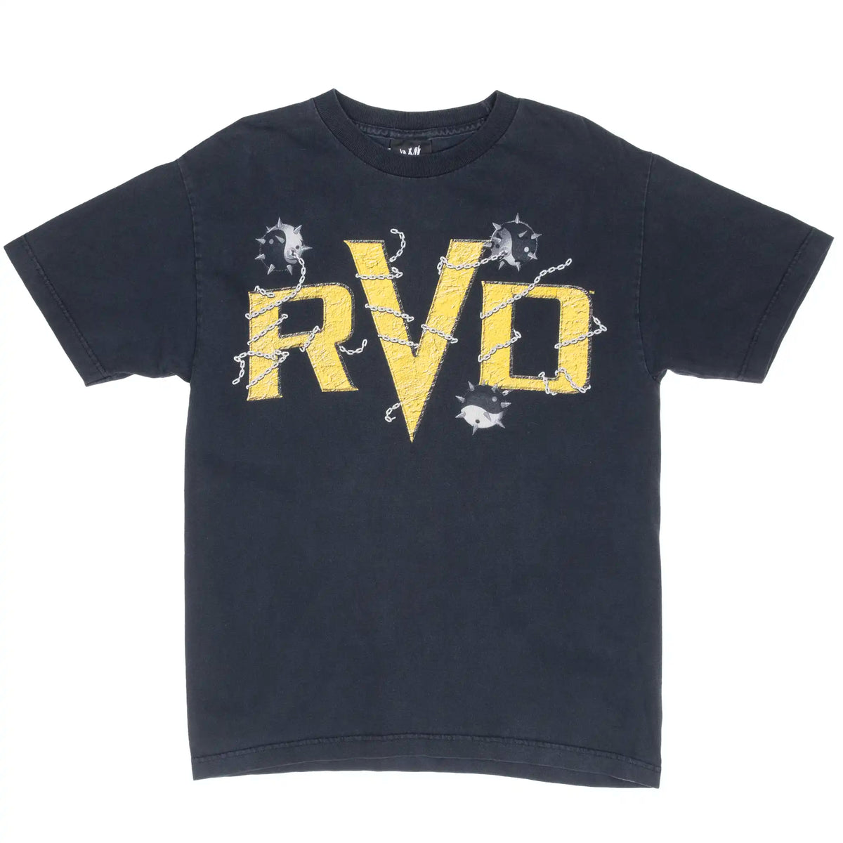 Full front view of black WWE Rob Van Dam T-shirt with yellow RVD graphic