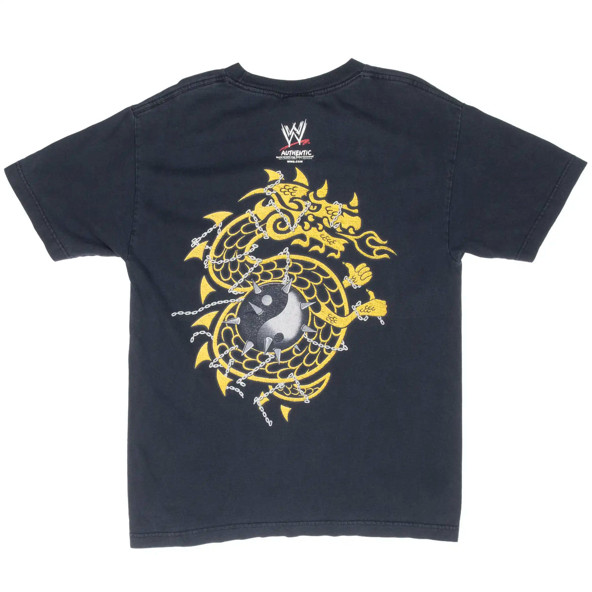 Back of black WWE Rob Van Dam T-shirt with yellow dragon, chains, and yin-yang graphic