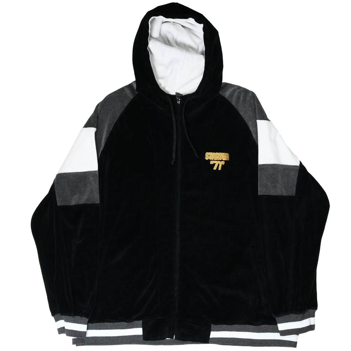 Front view of black Starter velvet zip hoodie with hood, color-block sleeves, and gold 71 embroidery