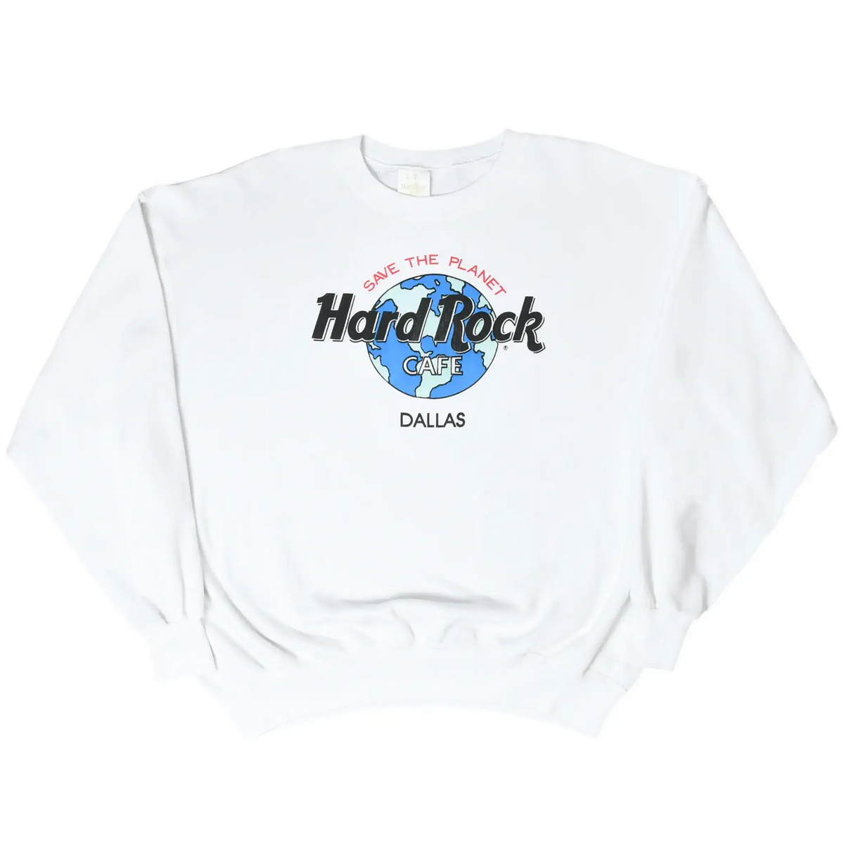 Full front view of white Hard Rock Cafe Dallas sweatshirt with globe graphic