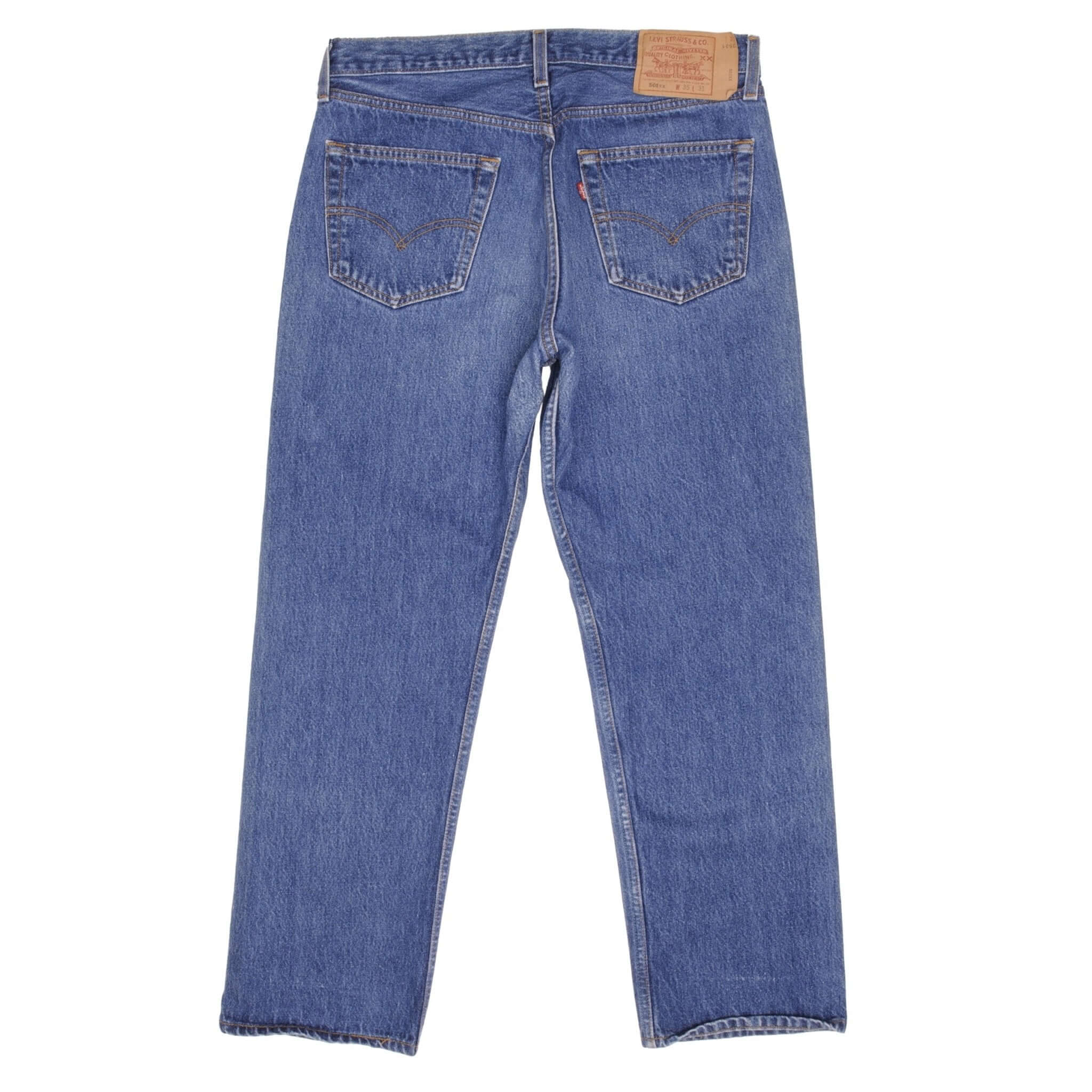 Beautiful Indigo Levis 501 Jeans 1990s Made in USA with Medium Wash Size on tag 35X31 Actual Size 34X29 Back Button #524