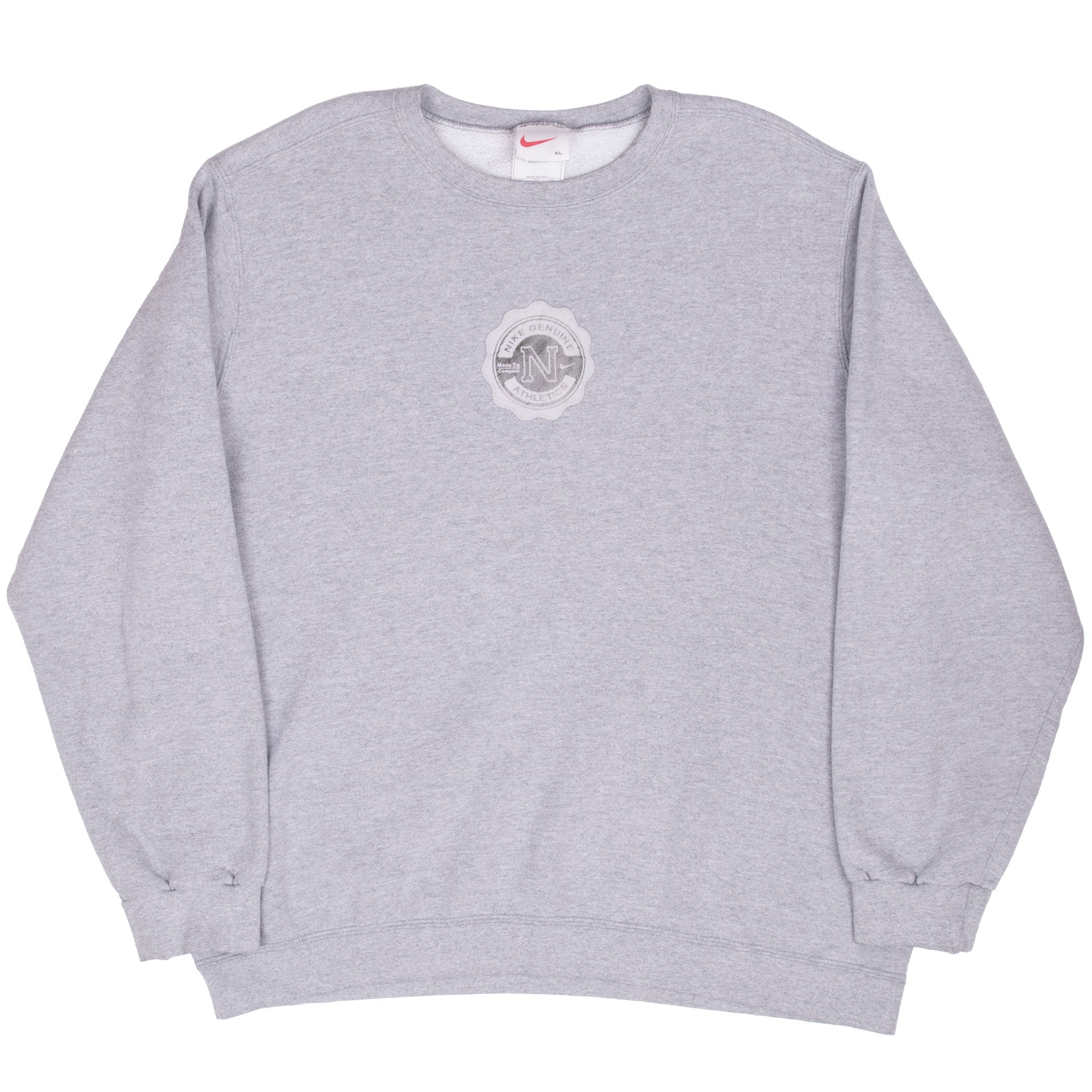 Vintage Nike Athletics Leather Patch Grey Sweatshirt 1990S Size XL Made In USA