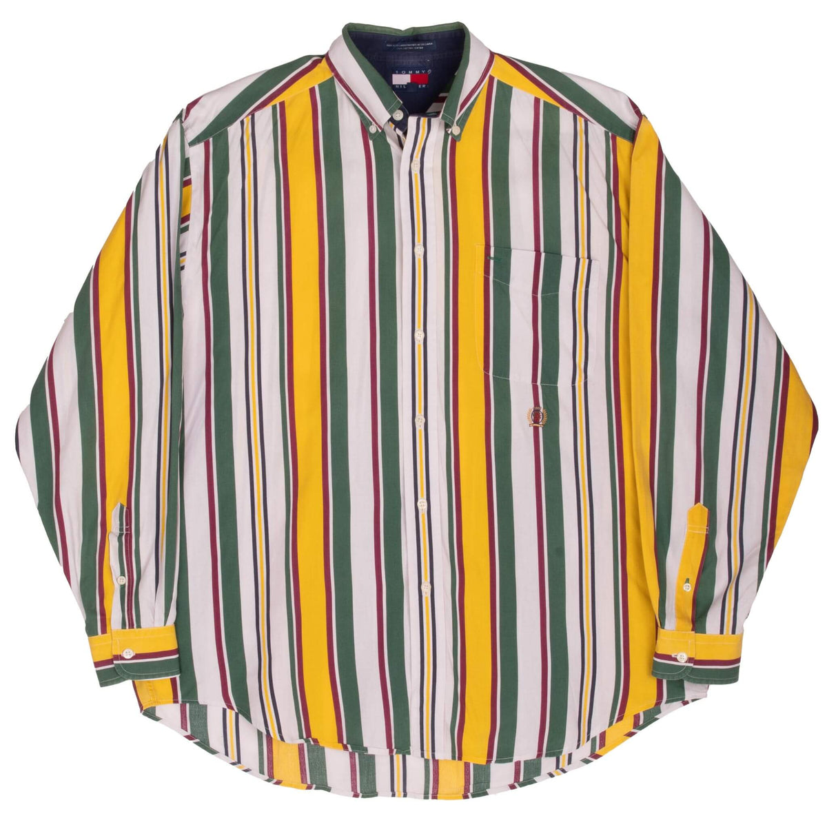 Full front view of multicolor striped Tommy Hilfiger long-sleeve button-down shirt