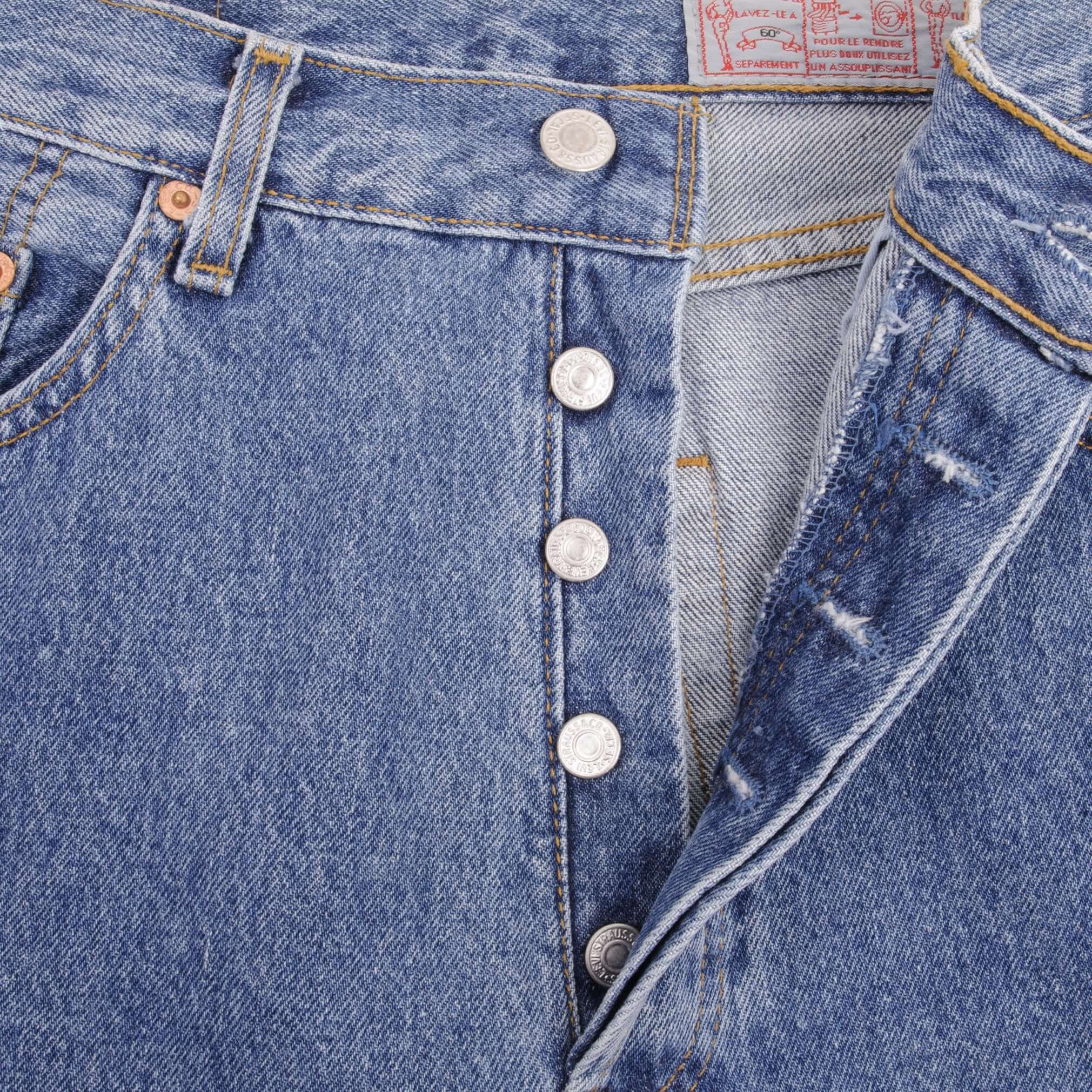 Beautiful Indigo Levis 501 Woman High Waist Also Called 901 Jeans 1990s Made in France with Medium Wash Preshrunk Deadstock Size on tag 30X32 Back Button #275